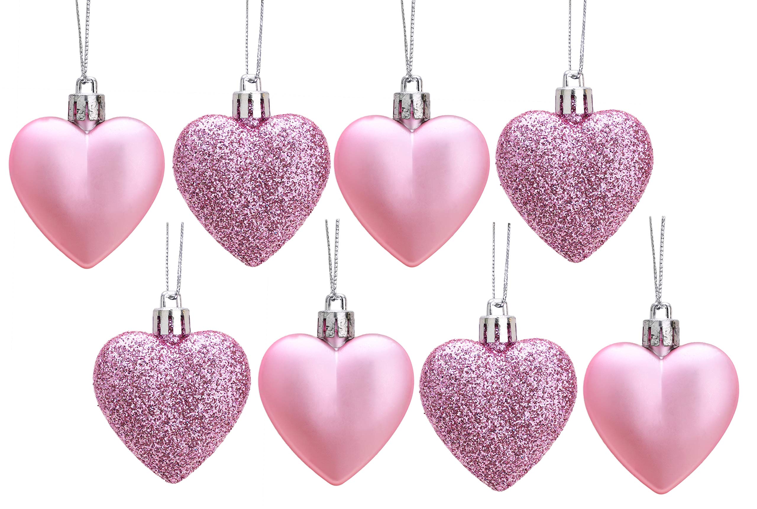 8 x 5cm BABY PINK / BLUSH PINK Glitter + Matt Heart Shaped Christmas Tree Baubles