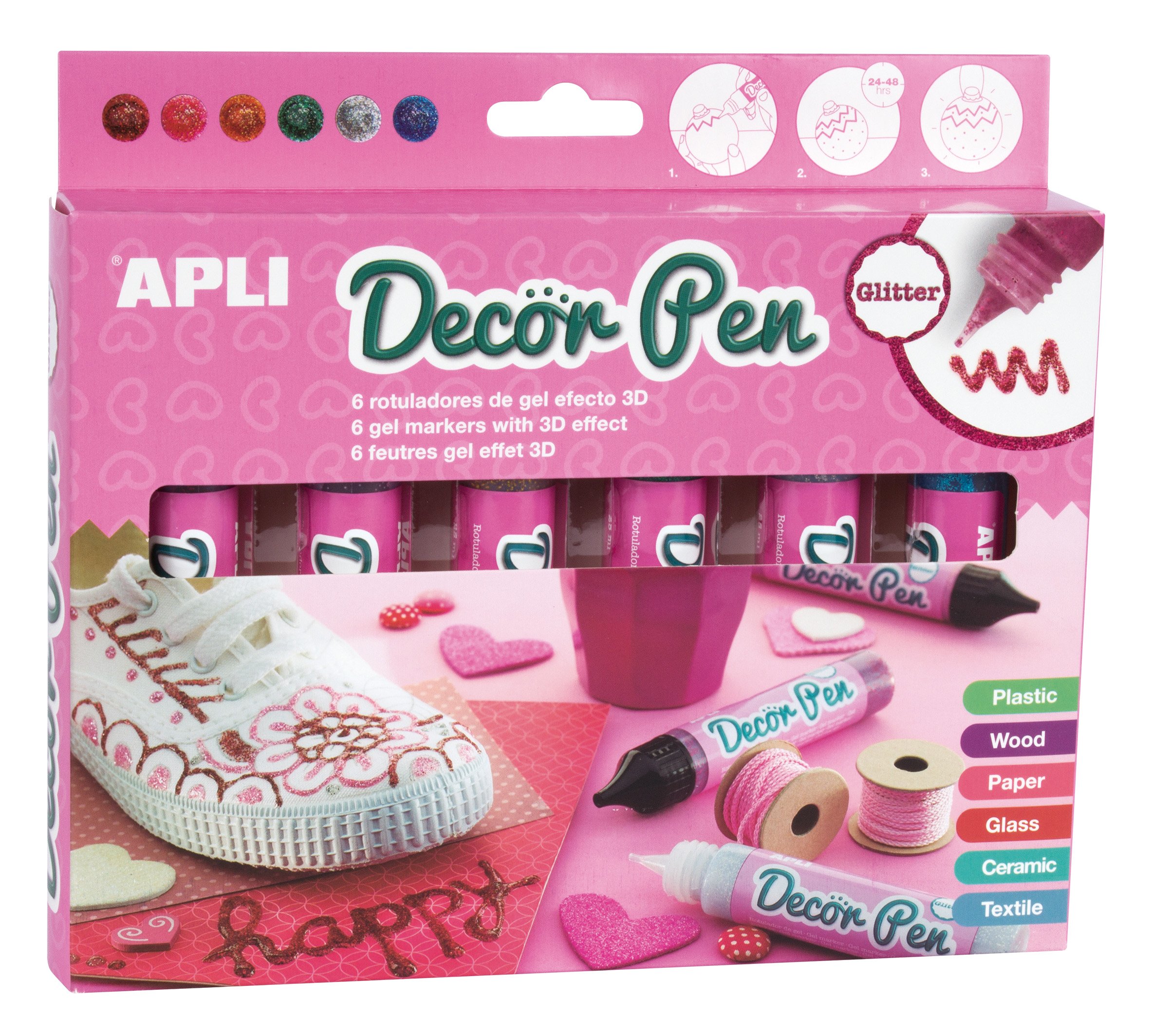 APLI 3D Decorpen Marker Pens, Glitter Finish, 6 Units
