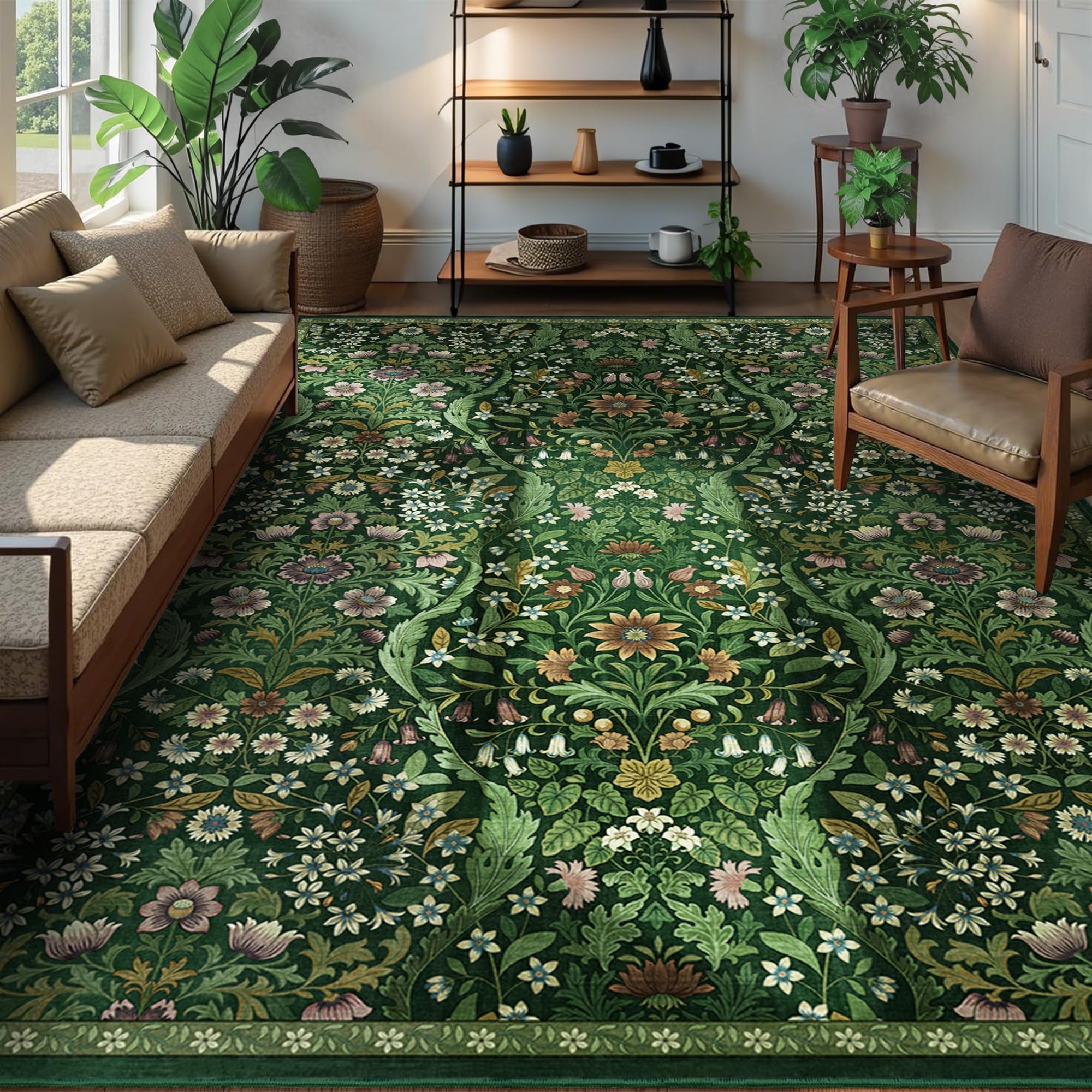 Photo 1 of 8x10 Washable Area Rug for Living Room, Large Vintage Dark Green Floral Rugs, Soft Non-Slip Stain Resistant Boho Lightweight Carpet for Bedroom Dining Room Nursery Home Office