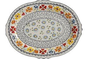 Gibson Elite 98760.01R Luxembourg Handpainted 14" Serving Platter, Blue and Cream w/Floral Designs