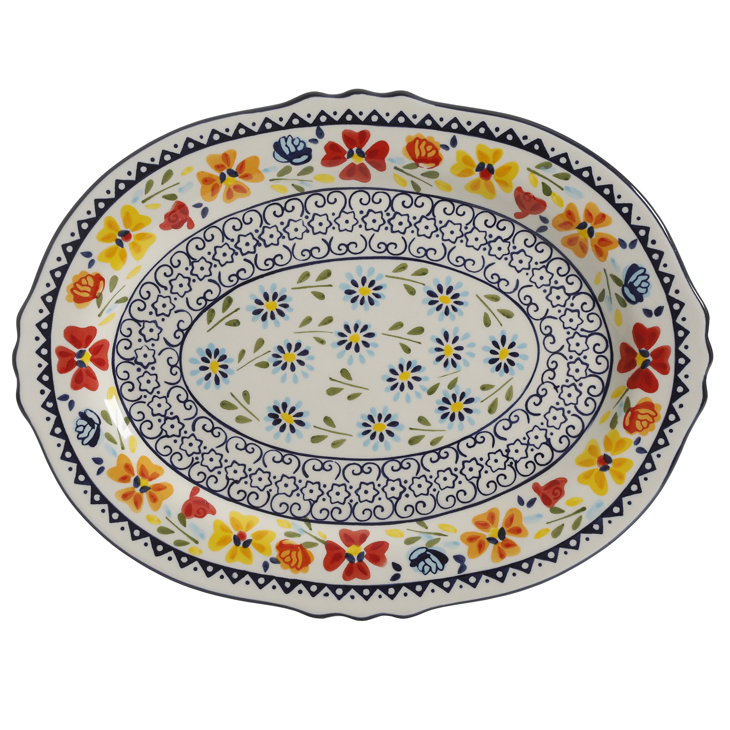 Gibson Elite Hand-Painted Dinnerware Set, 14" Serving Platter, Blue and Cream w/Floral Designs