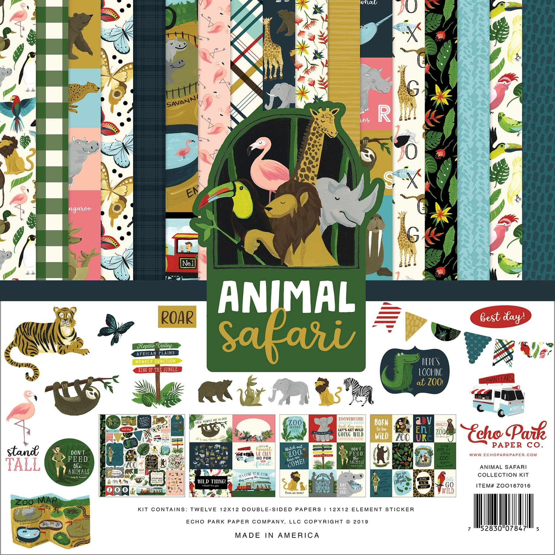Echo Park Paper Company Animal Safari Collection Kit paper, green, navy, blue, yellow, red, pink
