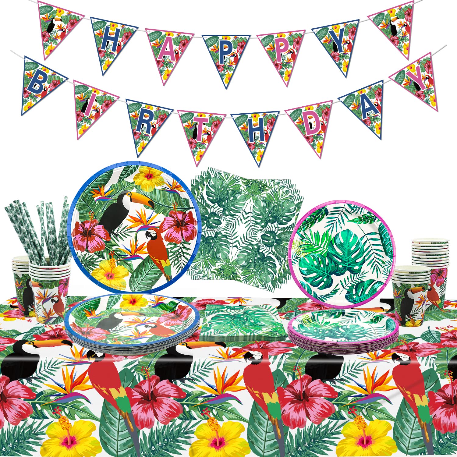 Hawaiian Luau Party Supplies - Tropical Birthday Banner, Toucan Paper Plates, Napkins, Cups, Tablecloth and Paper Straws for Aloha Summer Party Decorations, Serves 20 Guests (01)