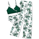 Oranchids Girls Swimsuit 3 Piece Tropical Print Bathing Suit V Neck Bikini Set with Quick Dry Cover Up Pants 9-16Y