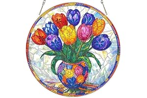 Lxmsja Stained Glass Tulips Diamond Painting Ornament Kits, DIY 5D Double-Sided Tulip Vase Diamond Art Kits for Adults, Acryl
