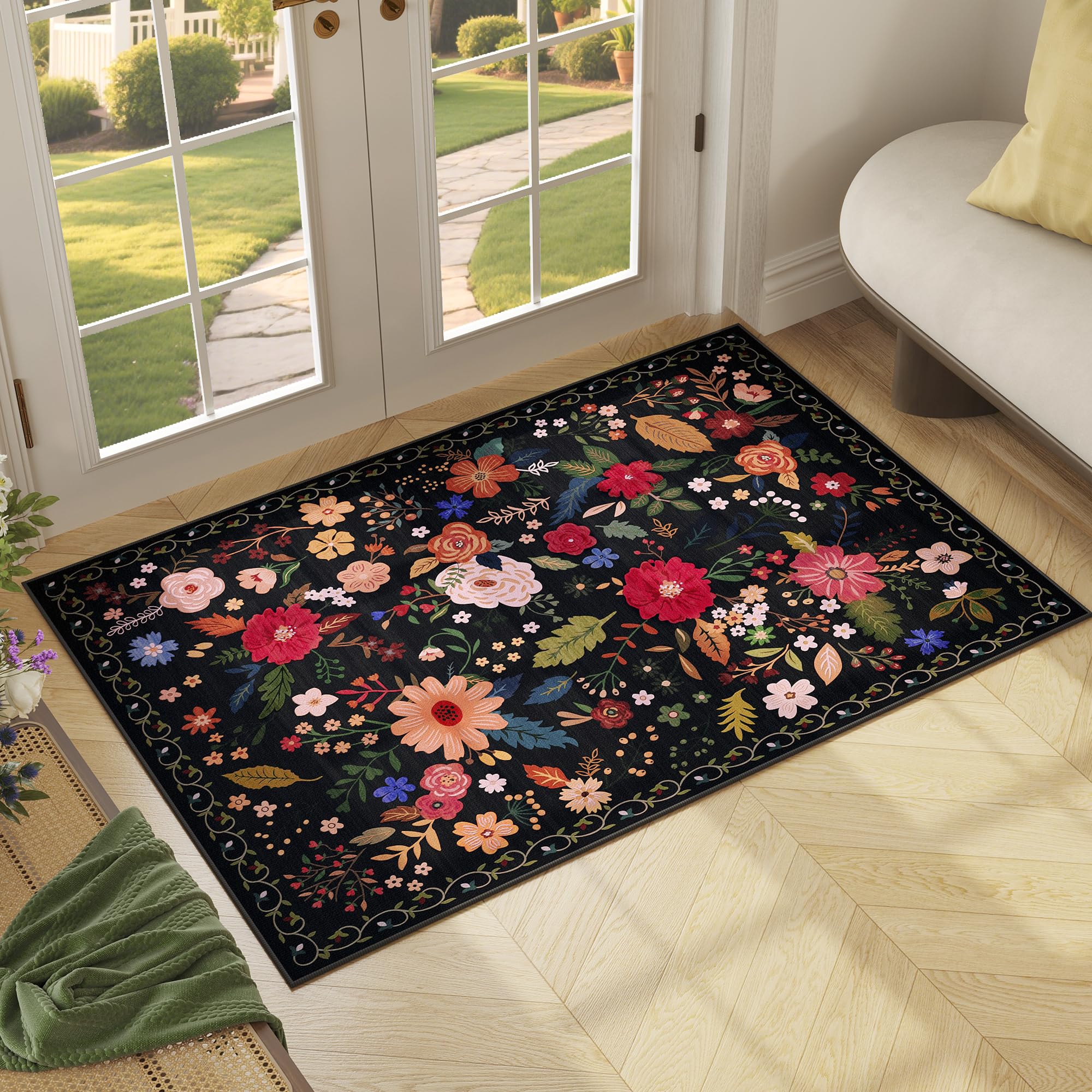 Photo 1 of 2x3 Washable Rug for Entryway, Floral Soft Small Area Rug, Non Slip Doormat Indoor Entrance Carpet, Flower Low Pile Front Door Throw Rug for Bedroom, Kitchen, Laundry, Bathroom, Black