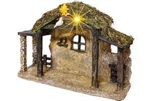 MELISHEER Christmas Nativity Stable, Resin Christmas Manger Nativity Stable, Hand Painted Jesus Birth Manger Figurines with LED Light, Classic Xmas Table Ornaments for Holiday Indoor Tabletop Fireplace Gift