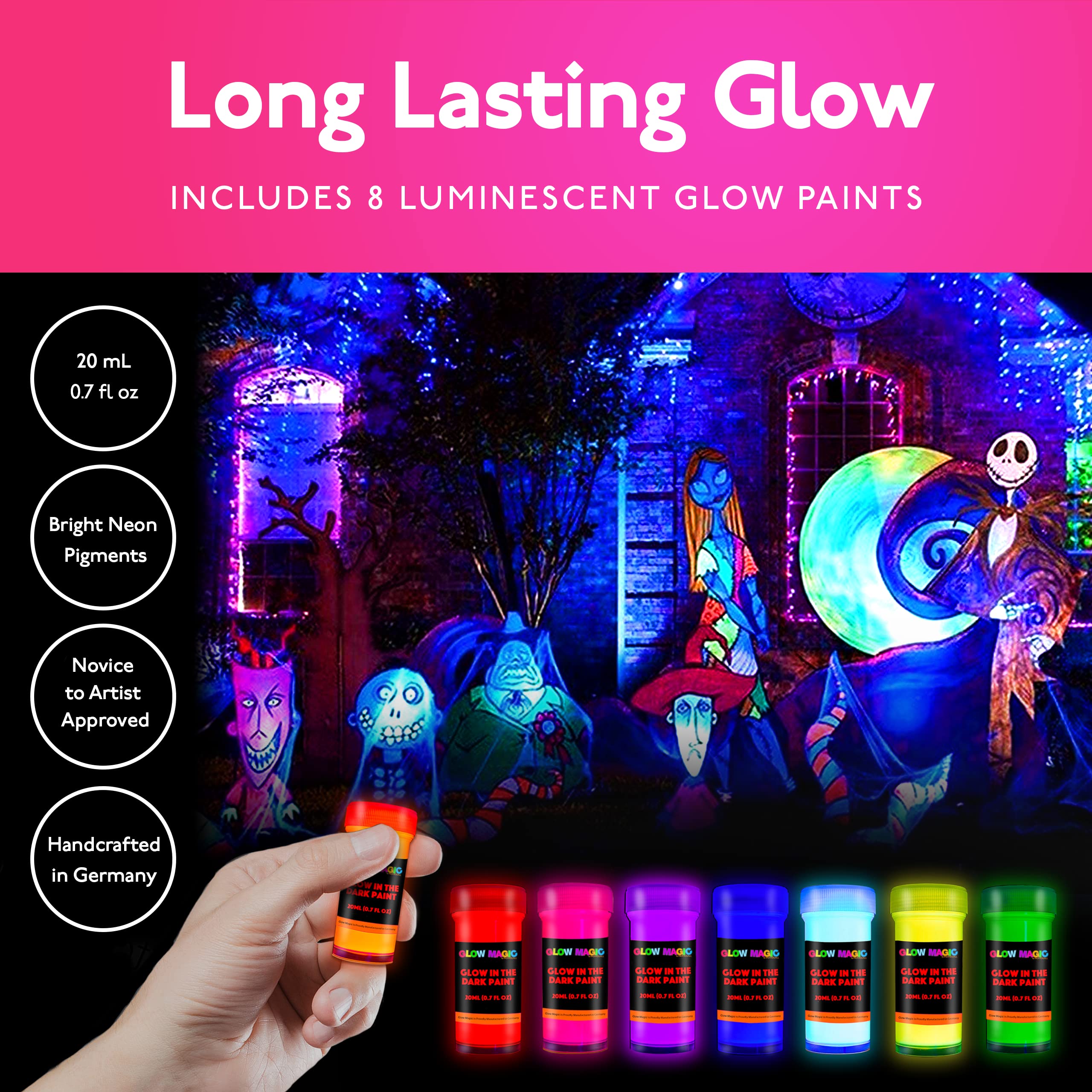 individuall Glow in the Dark Paint - Set of 8, 20 mL Reflective Acrylic Paints for Outdoor and Indoor Use on Canvas, Walls and Ornament Painting - Phosphorescent, Easter Egg Painting Decoration