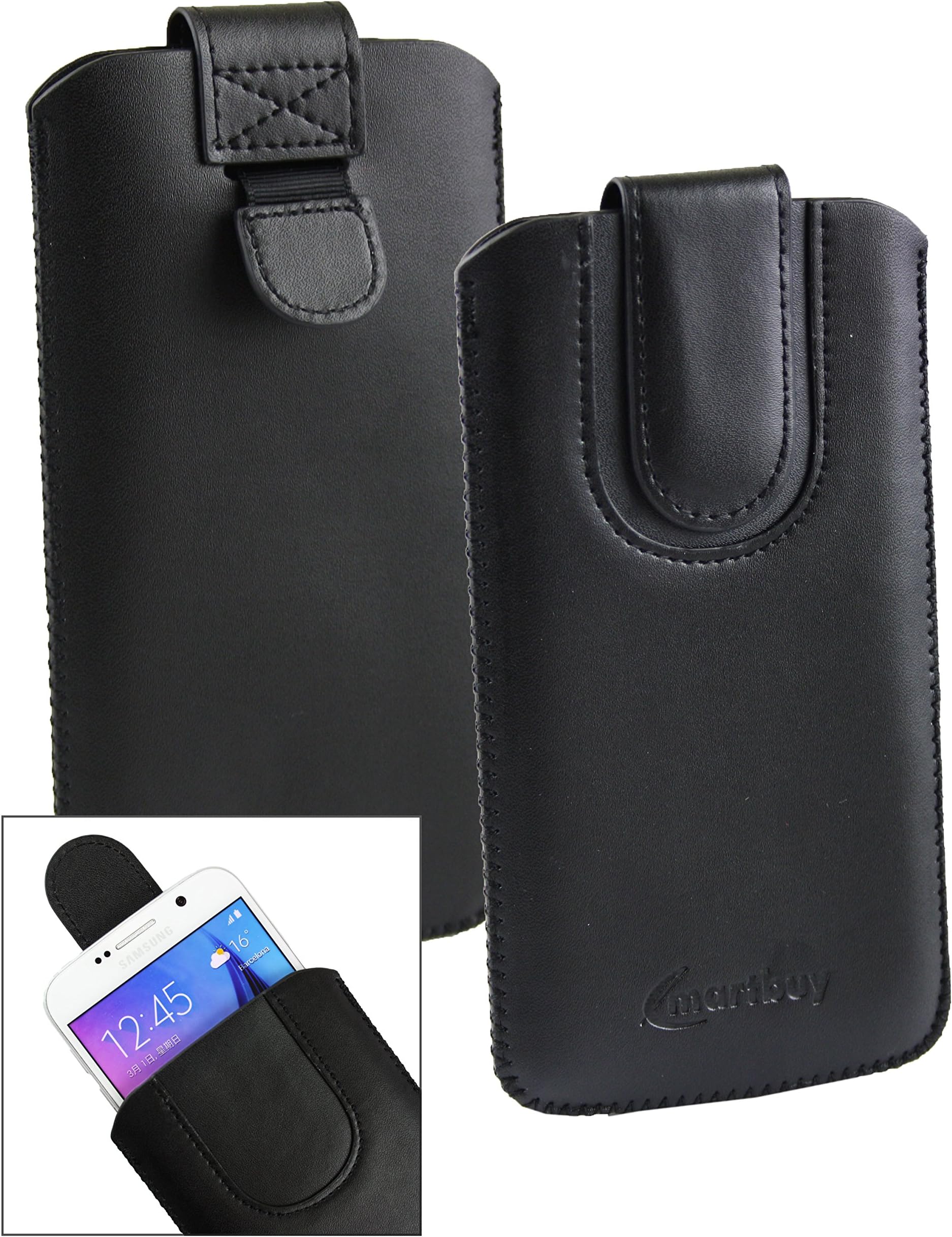 Emartbuy® Black/Black Premium PU Leather Slide in Pouch Case Cover Sleeve Holder (Size LM2) With Pull Tab Mechanism Suitable For Xtouch Unix Smartphone