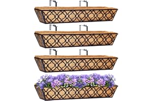 Y&M 4Pcs 30'' Railing Planter Box Set with Coconut Coir Liner, Flower Boxes with Adjustable Brackets, Large Metal Hanging Window Boxes for Fence, Deck, Balcony, and Outdoor Garden