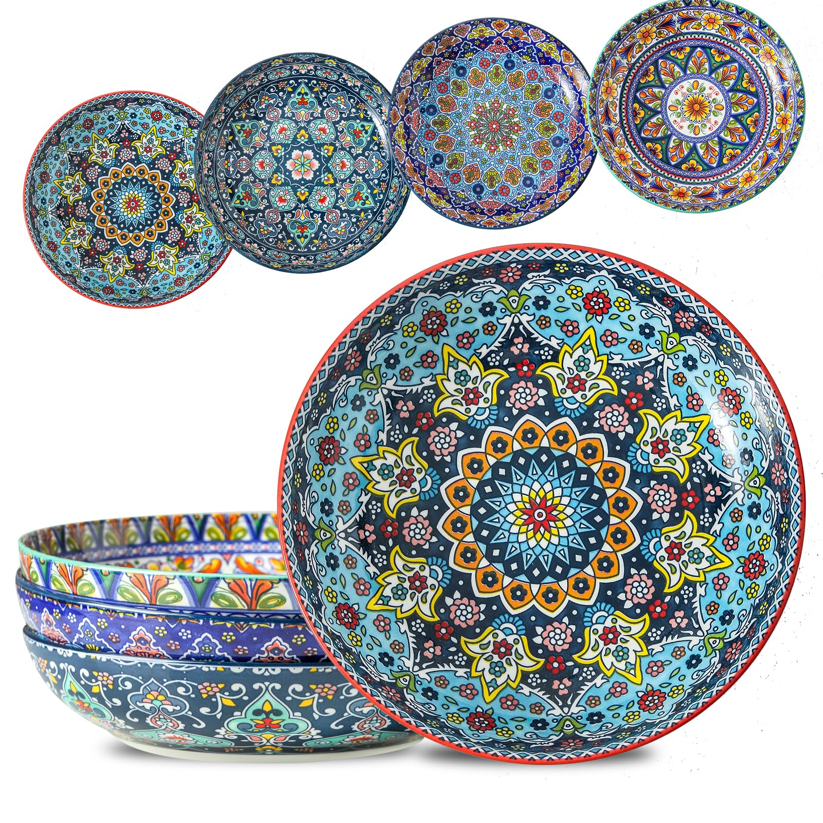 Photo 1 of glowworm Pasta Bowls Set of 4, 42 oz Ceramic Salad Bowls for Kitchen, Large Serving Bowls for Ramen, Fruit, Housewarming Gift, Dishwasher & Microwave Safe, Bohemian