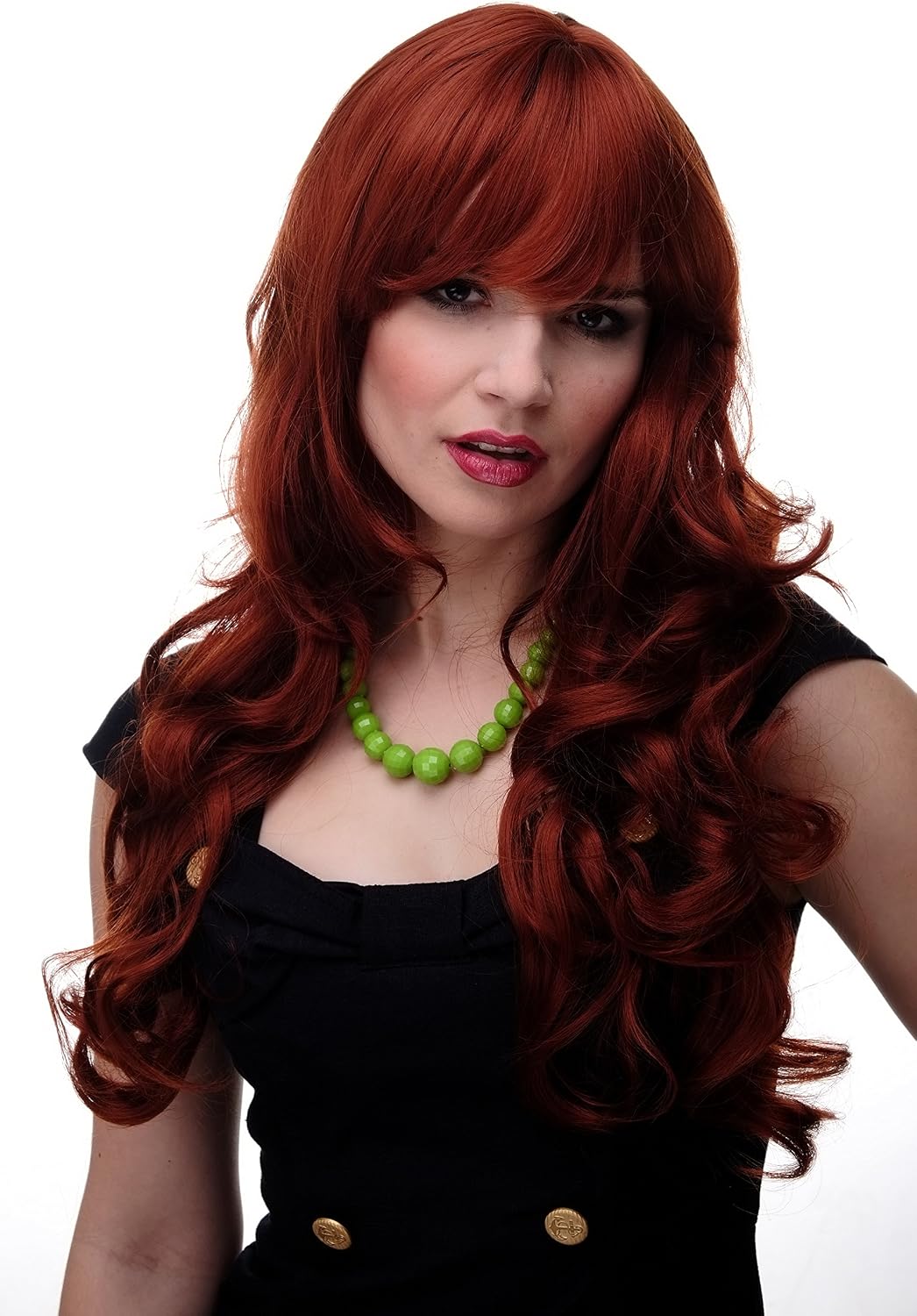 WIG ME UP 285-350 Lady Quality Wig very long beautiful curling ends straight top fringe bangs dark copper red approx 25inch