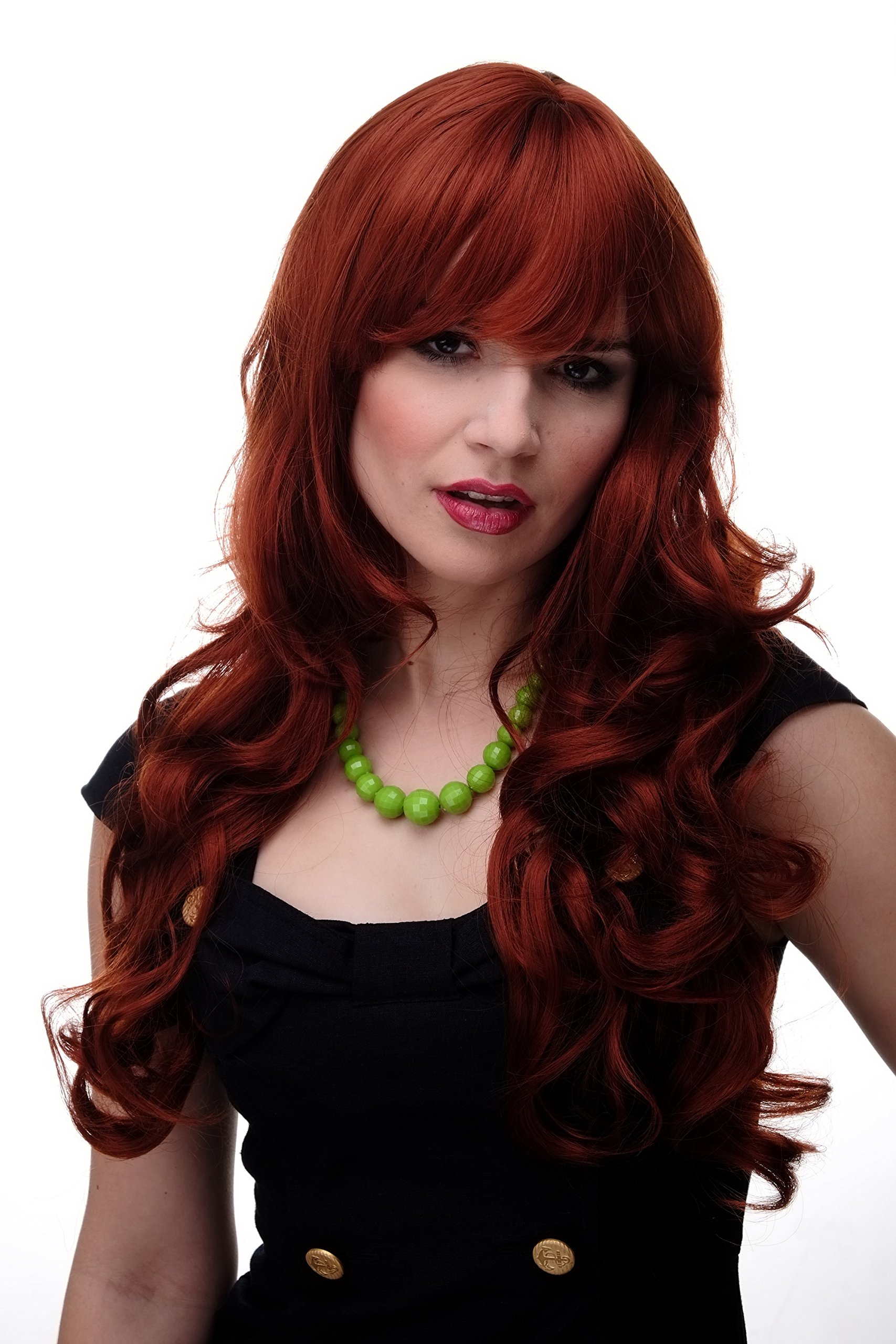 WIG ME UP 285-350 Lady Quality Wig very long beautiful curling ends straight top fringe bangs dark copper red approx 25inch