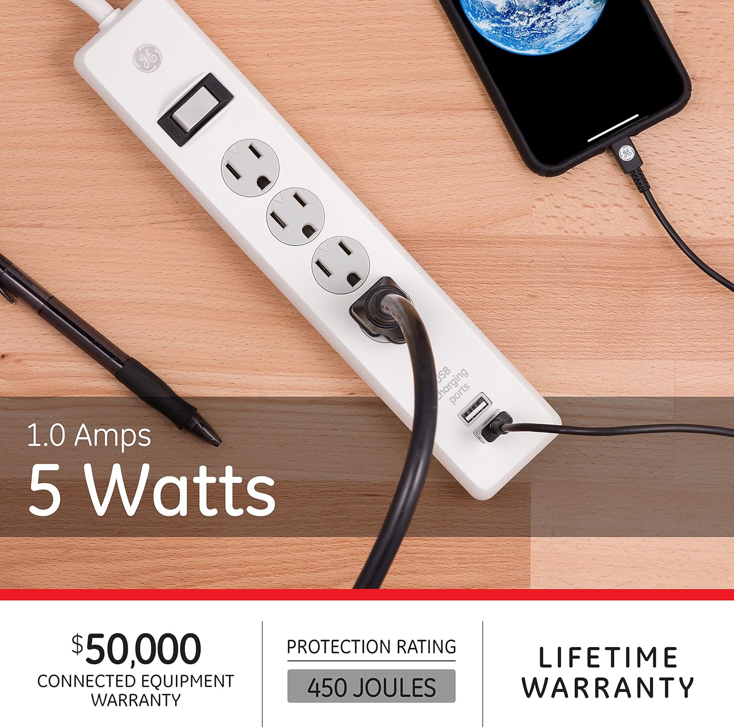 GE 4-Outlet Surge Protector, 2 USB Ports, 3 Ft Power Cord, 450 Joules, Twist to Lock Safety Covers, Automatic Shutdown Technology, Circuit Breaker, Warranty, UL Listed, White, 14090: Home Audio & Theater