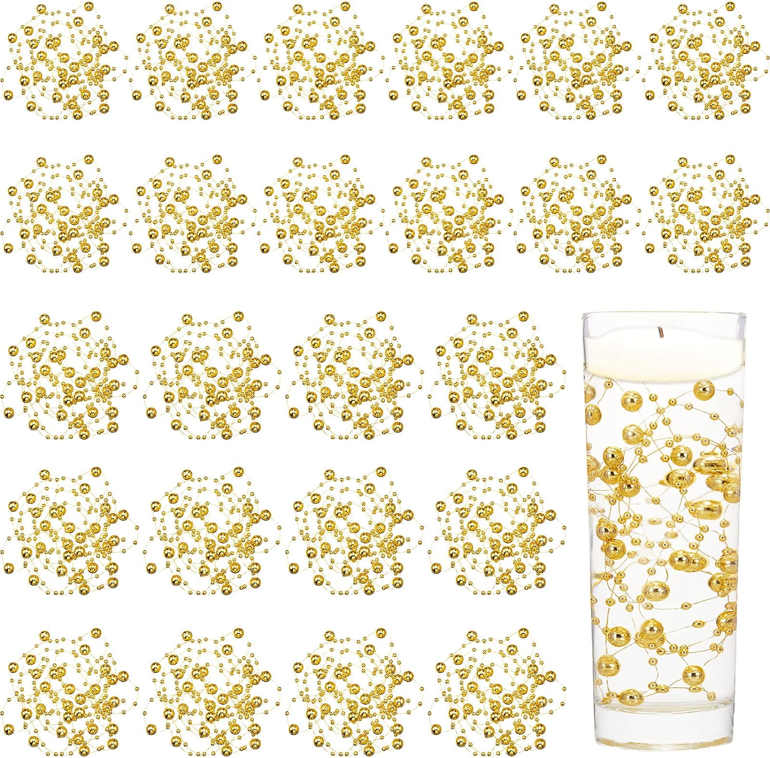 Vase Fillers - Tondiamo 24 Pcs Artificial Pearl String for Floating Candle Faux Pearls Beads String Garland Centerpiece Decoration for Vases Filler Valentines Wedding Holiday Party Decor(Gold)
