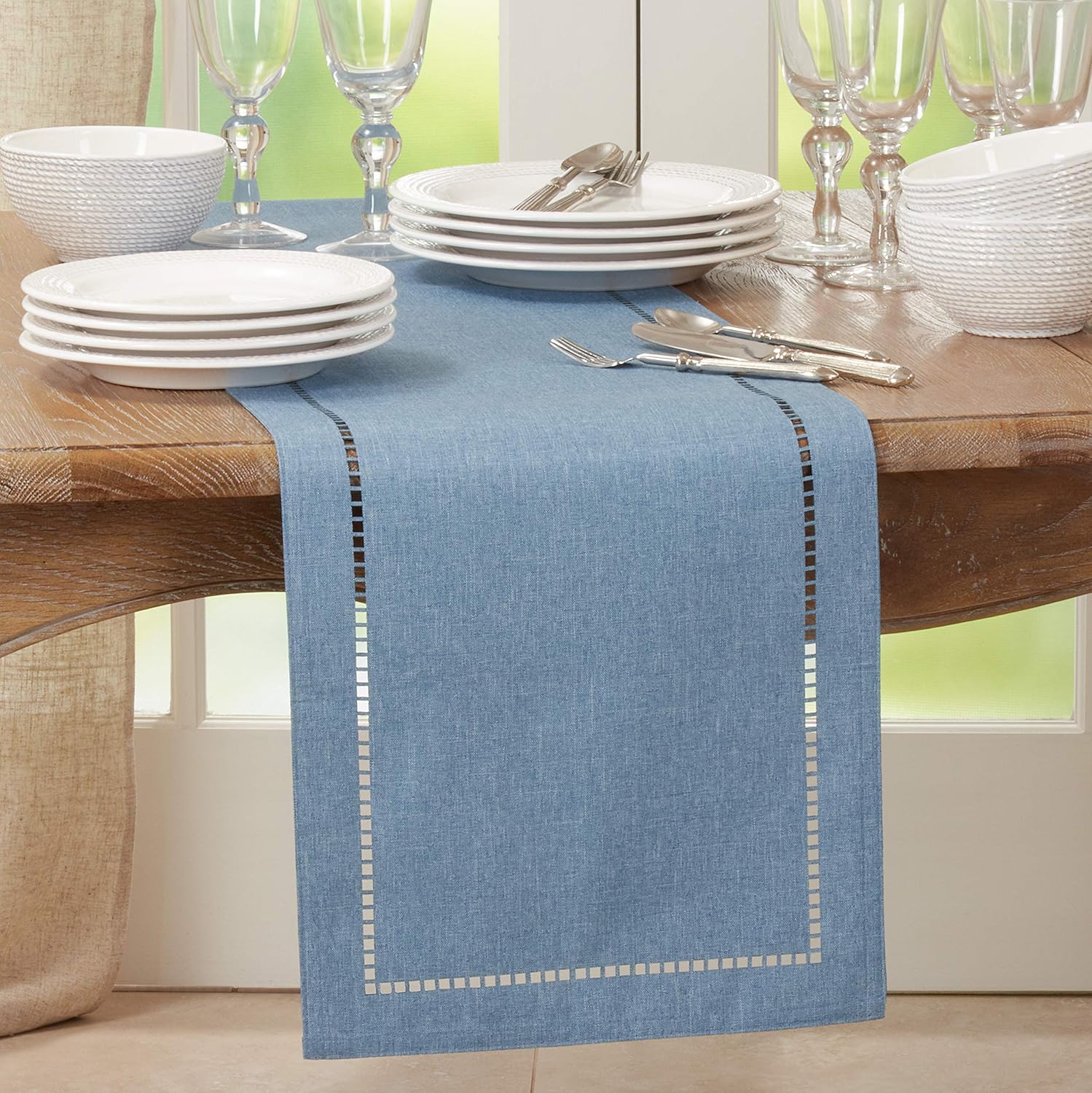 SARO LIFESTYLE Hadleigh Collection Laser-Cut Hemstitch Table Runner, 14" x 54", Denim: Kitchen & Dining