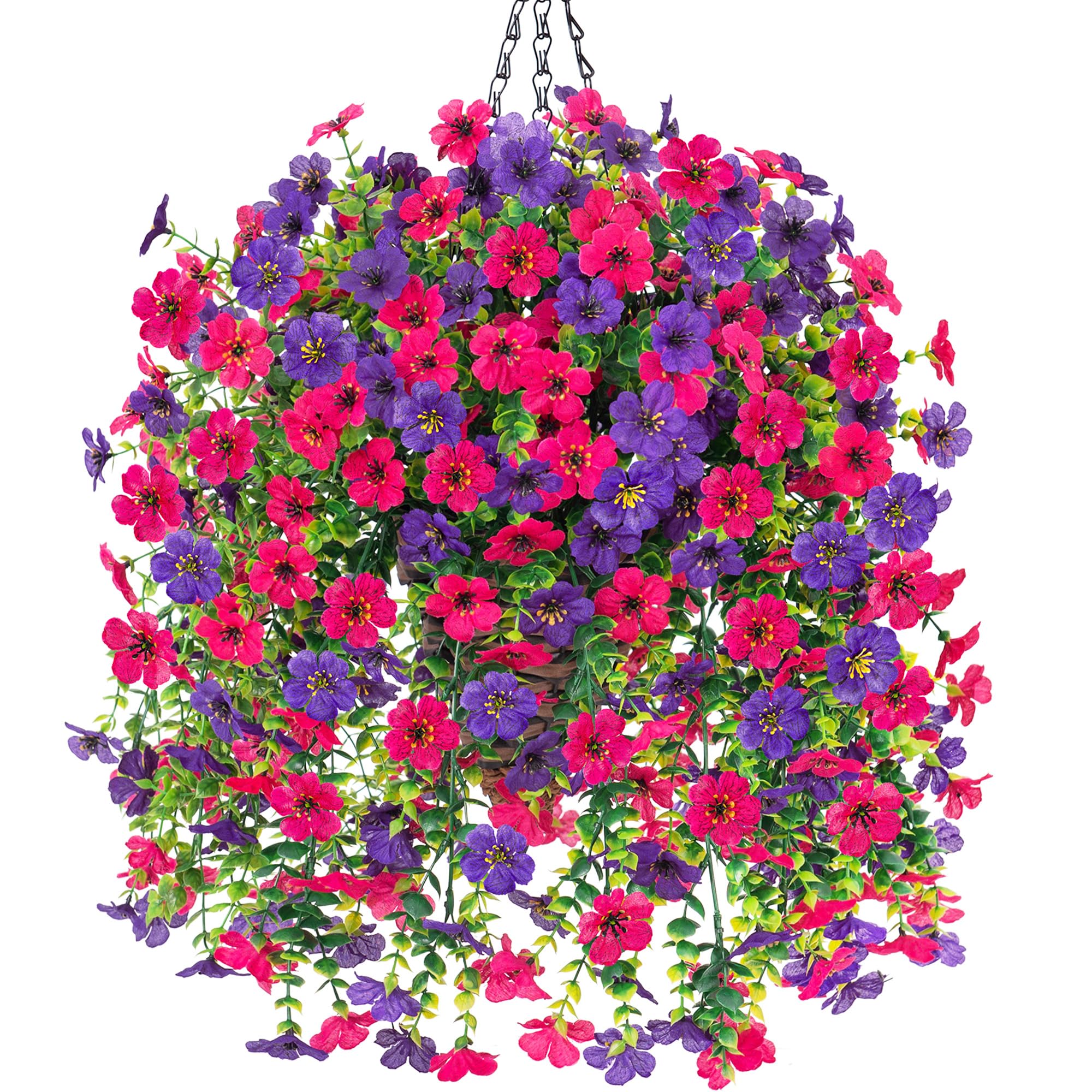 HyeFlora Artificial Hanging Flowers Basket for Outdoor, Fake Flowers Faux Plants Look Real for Yard Gardens Porch Patio Home (Darkpurple+Hotpink)