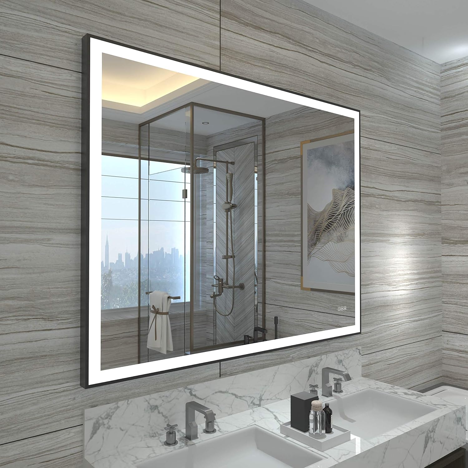 Amazon Com Hauschen 32x40 Inch Black Framed Led Lighted Bathroom Wall Mounted Mirror With High Lumen Cri 95 Adjustable Color Temperature Anti Fog Separately Dimmer Function Ip44 Waterproof Vertical Horizontal Kitchen Dining