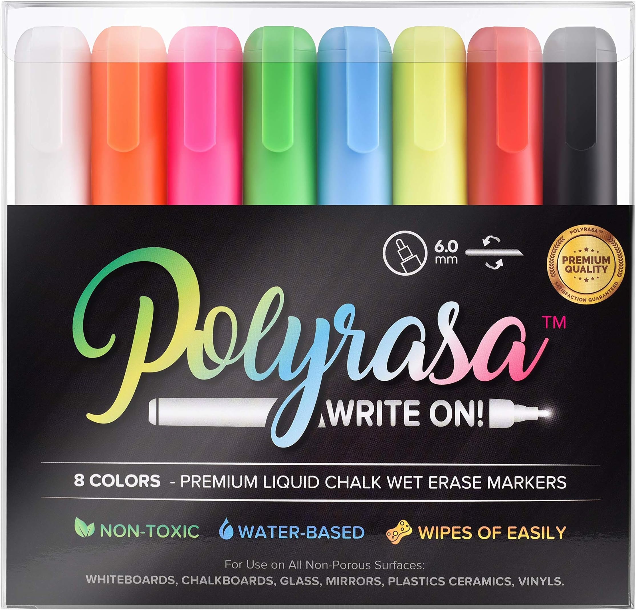 PolyRasa Water-Based Non-Toxic Liquid Chalk Wet Erase Marker Set (8-pack) for Whiteboards, Chalkboards, Glass, Mirrors, Plastics, Ceramics, Vinyl (6mm)