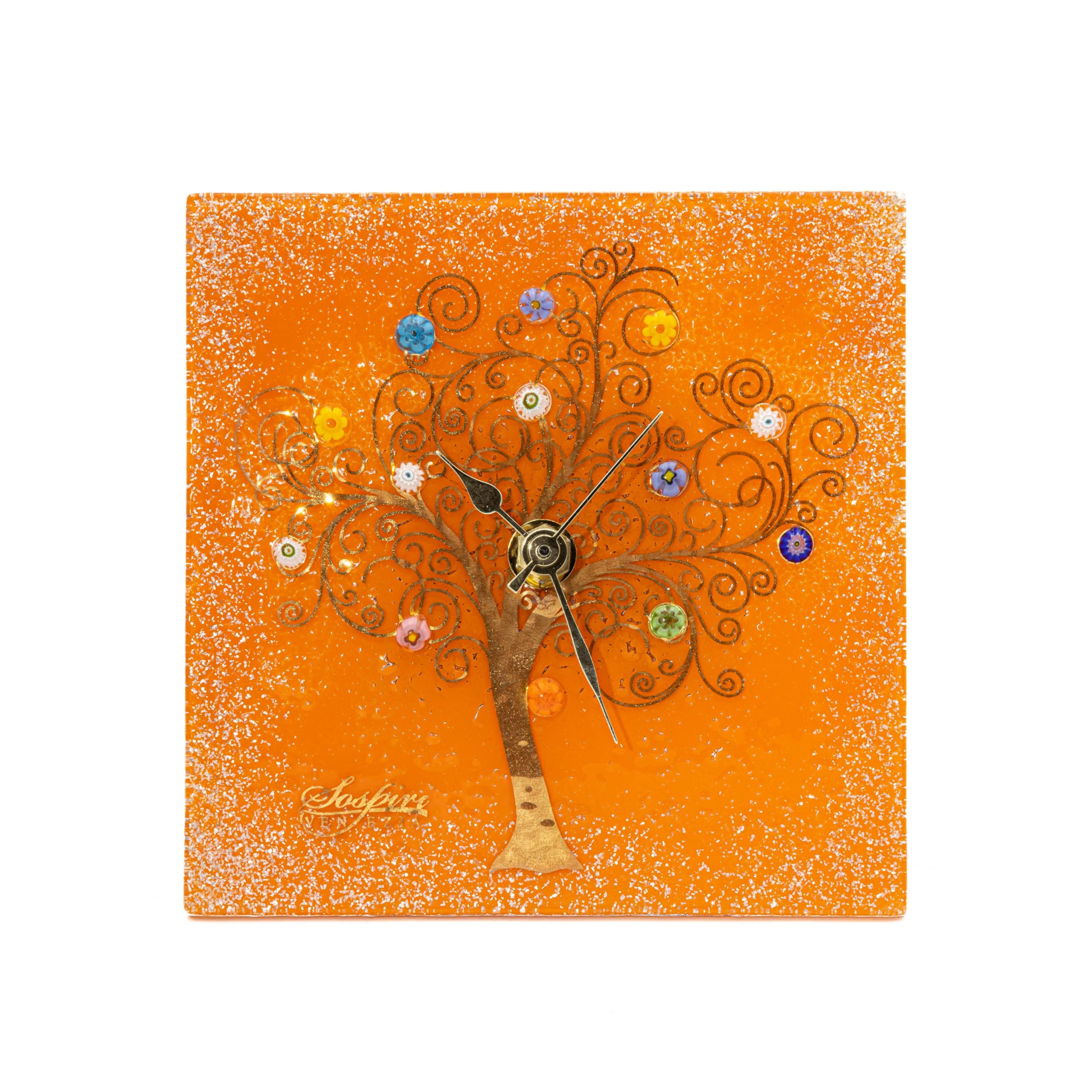 Sospiri Venezia Table Clock Murano Glass Silent Mechanism Decorated with Murrines and Gold Leaf Gift Handmade Made in Italy (10x10)