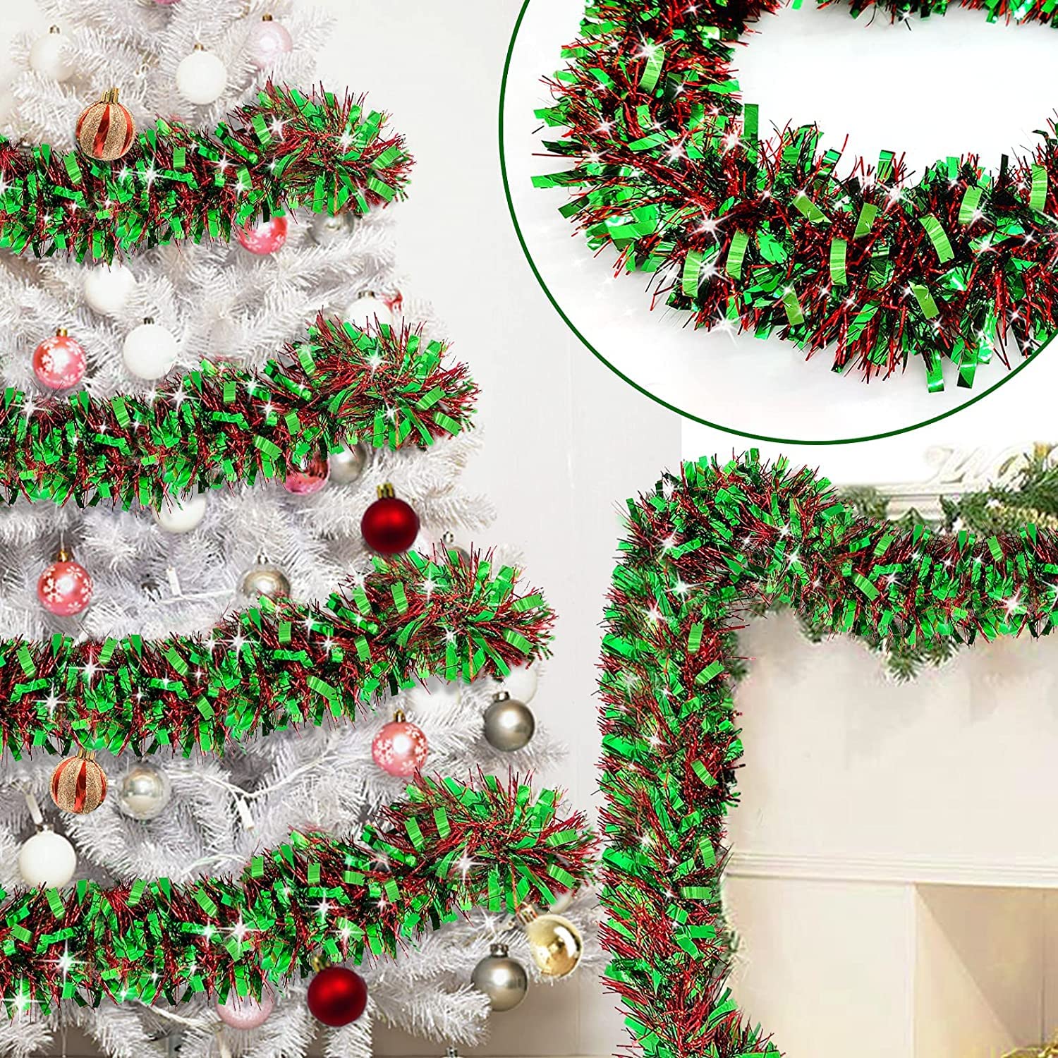 ZKTYQUIHE 4 Pack Total 28 Ft Tinsel Garlands Christmas Tree Decorations, Thick Thin Metallic Streamers Xmas Garland Holiday Christmas Decorations Home Indoor Outdoor Party Supplies,Green