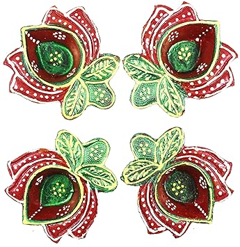 Urvi Creations Set of 4 Handmade Traditional Clay Mitti Diya Oil Lamps for Pooja Candle for Diwali Decoration & Gift - Multi Colour