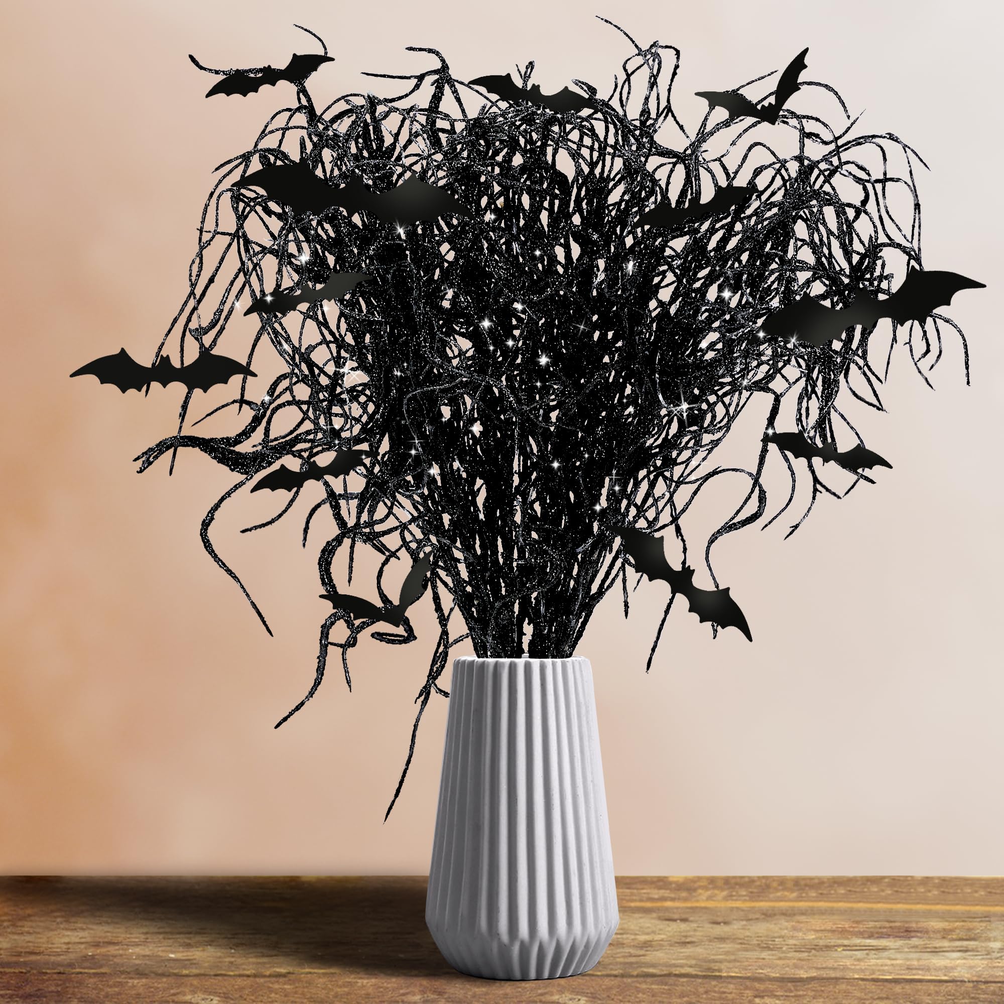 Photo 1 of 24 Pcs Halloween Artificial Curly Willow Branches with 12 Pcs Bats- Fake Black Bat Halloween Branches Picks- Glitter Artificial Black Twig Stems Sticks for Holiday Tree Vase Home Decor
