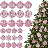 Poen 24 Pcs Glitter Christmas Ball Ornaments Set Christmas Tree Ornaments Hanging Sequin Foam Xmas Balls Decoration for Xmas Tree Wreath Garland Home Decor Wedding Party(Pink)