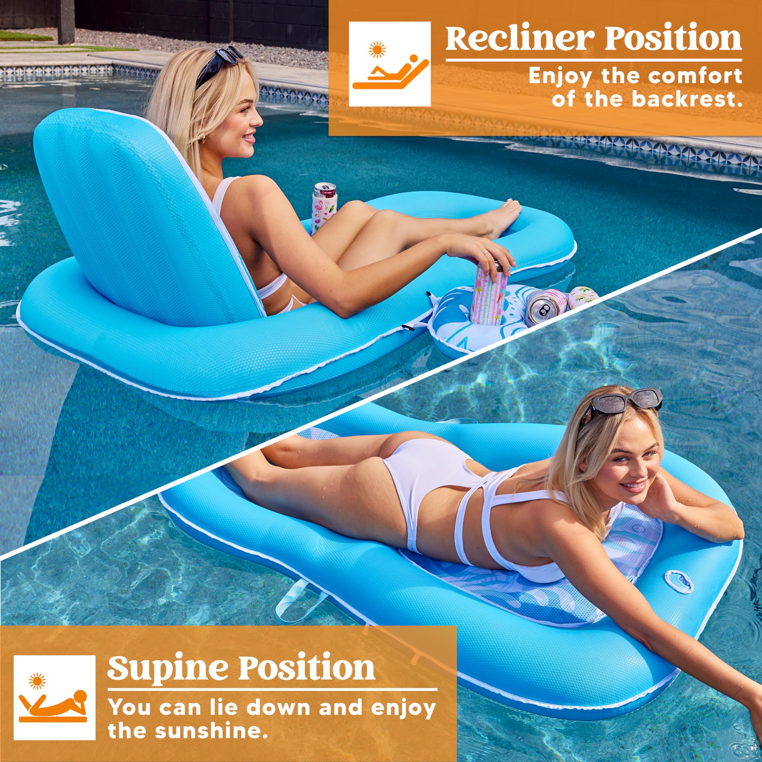 SLOOSH Pool Floats Lounger Adult, Fabric Pool Floaties Lounge Convertible 2-in-1 Floating Water Floaty with Cup Holders Adjustable Backrest Recliner for Pool Party