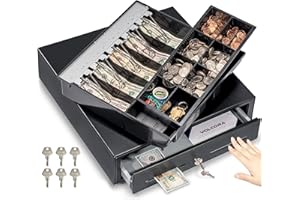 Volcora 16" Manual Push Open Cash Register Drawer for Point of Sale (POS) System, Black Heavy Duty Till with 5 Bills/8 Coin Slots, Key Lock with Fully Removable Money Tray and Double Media Slots