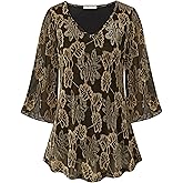 Bebonnie Womens Ruffle 3/4 Sleeve V Neck Double Layers Mesh Blouses Loose Fit Flowy Tunic Tops