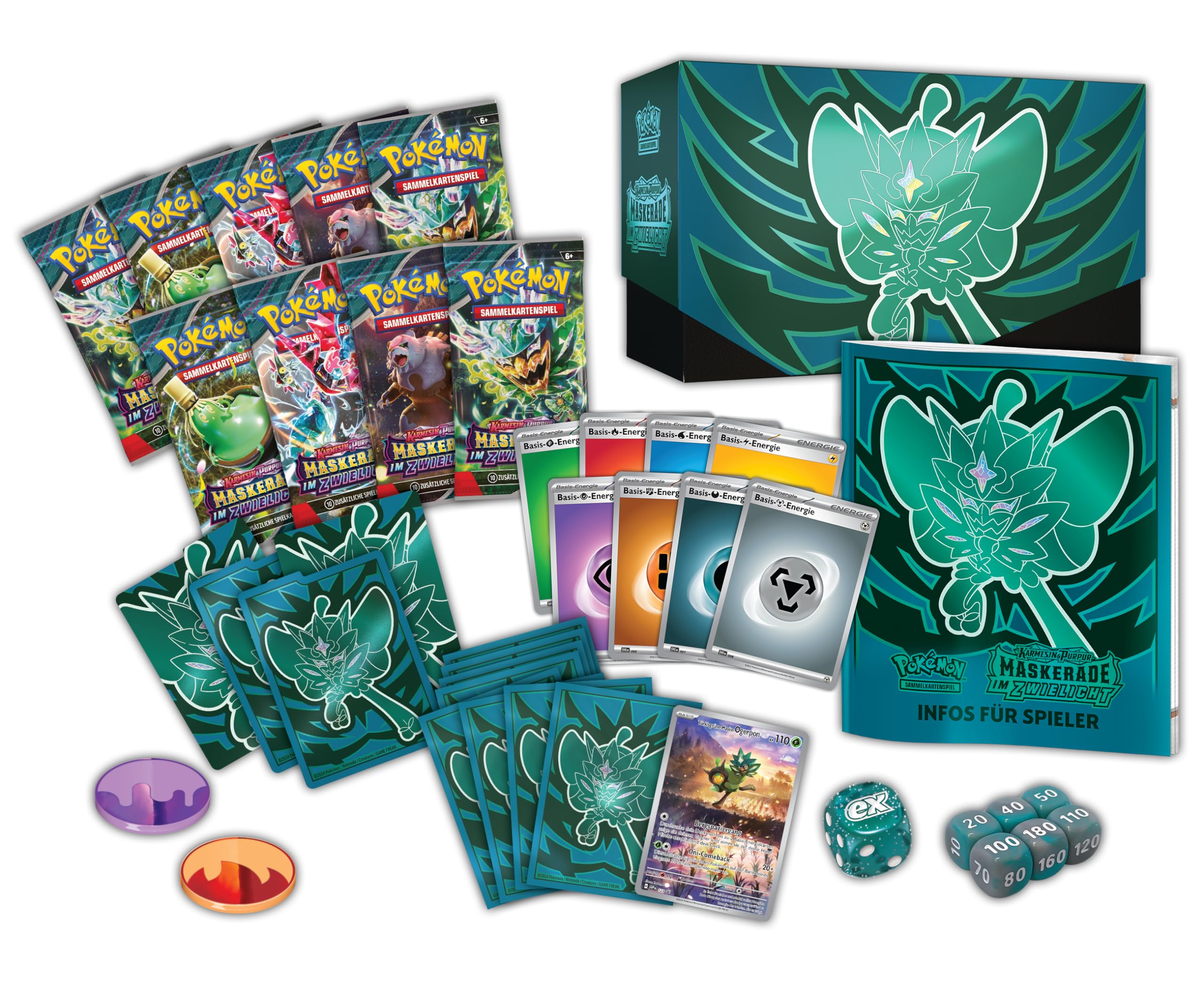 Pokémon-Sammelkartenspiel: Top-Trainer-Box Karmesin & Purpur – Maskerade im Zwielicht (1 Vollbild-Promokarte mit Türkisgrüne-Maske-Ogerpon, 9 Boosterpacks & Premium-Zubehör) 2