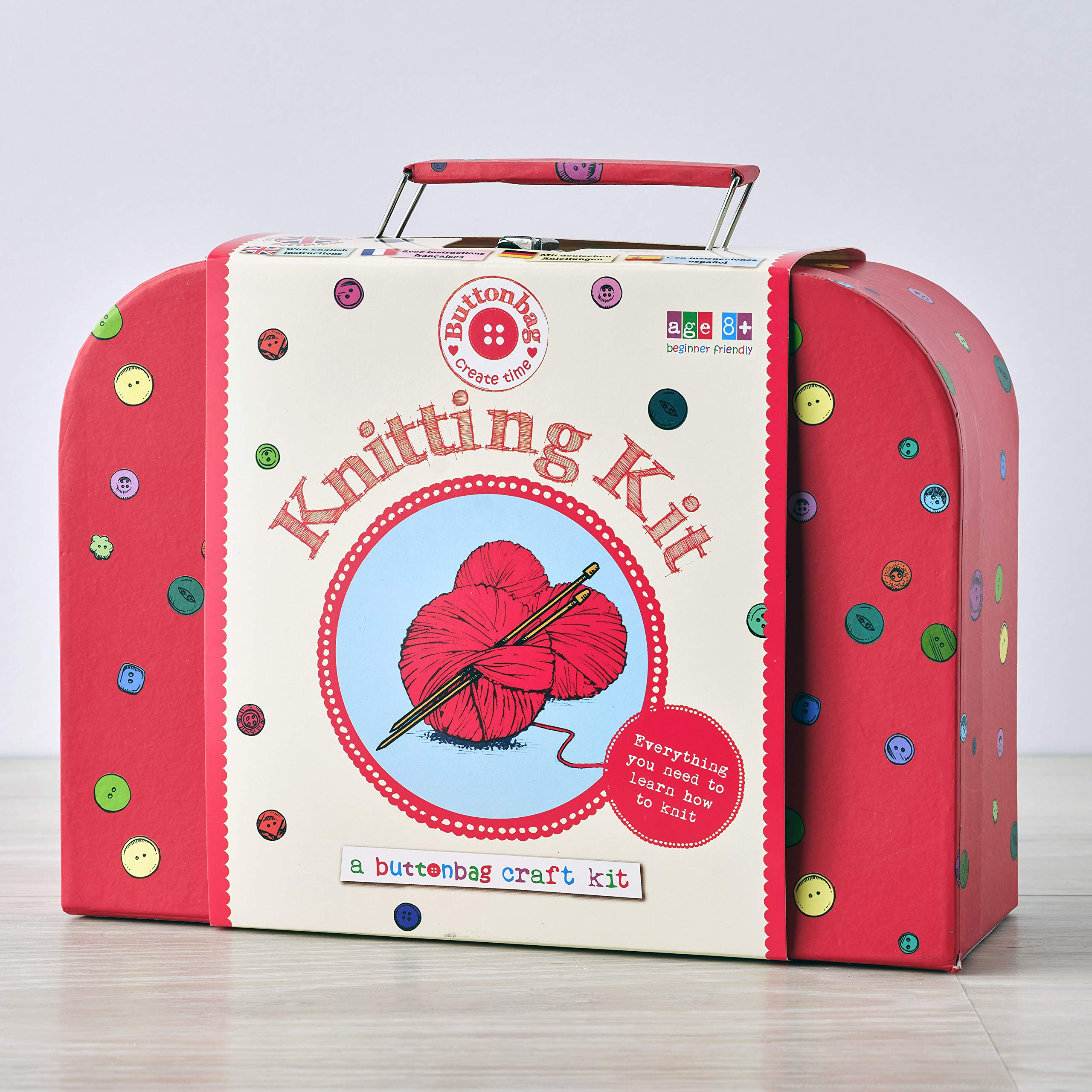 Buttonbag Knitting Craft Kit Learn to Knit - Kids Crafts kit - Suitable for All Levels - Simple Patterns and Full Instructions - Childrens Craft Kit with Gift Suitcase