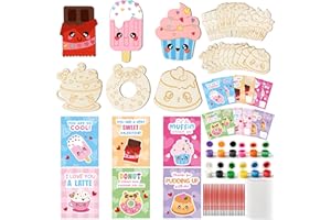 CJiangpo 24 Pack Valentine’s Day Dessert Wood Painting Craft Kits, Valentines Cards with Watercolor Paint Bulk for Boys Girls, Color Your Own Wooden Craft Kids Classroom Exchange Gift Party Favors