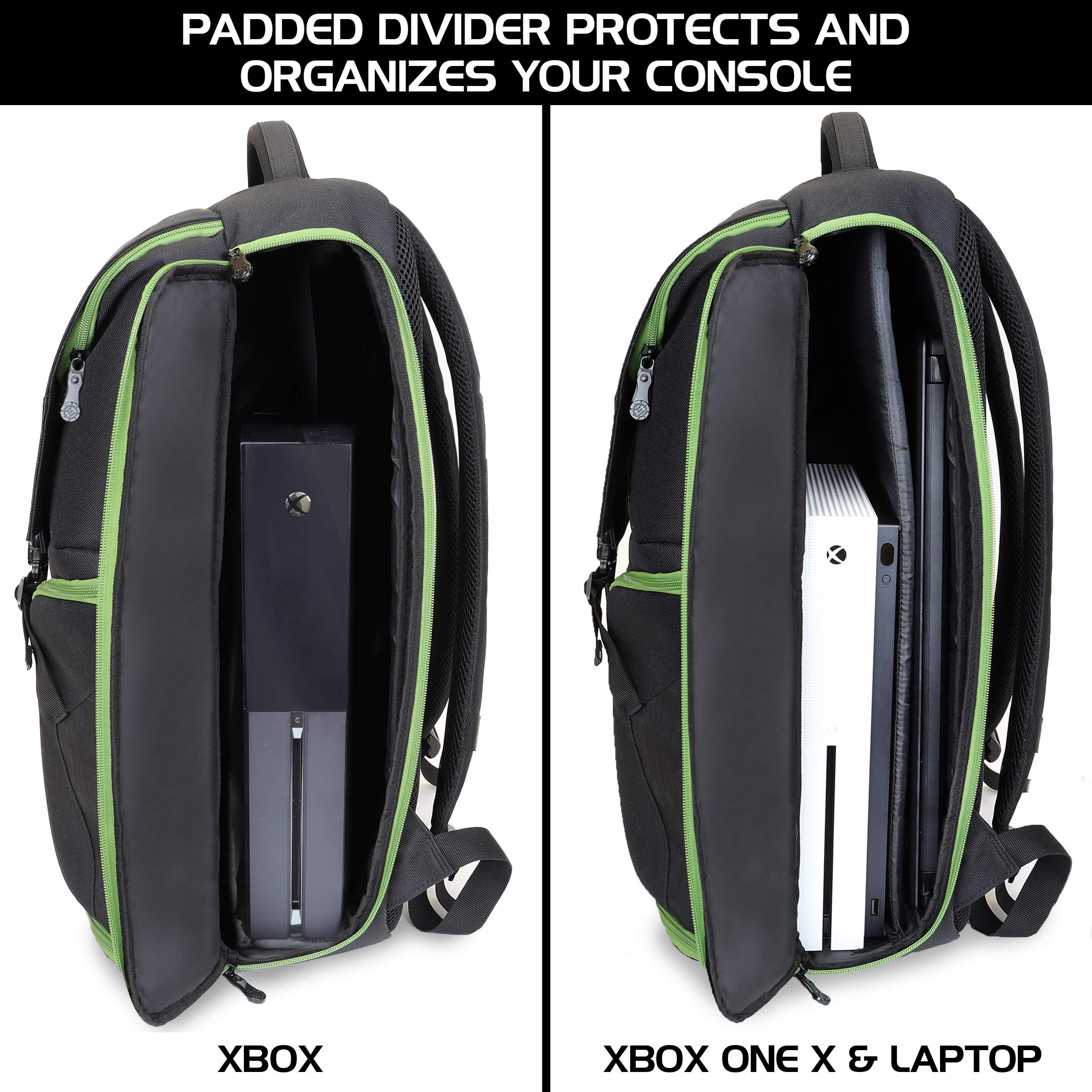 ENHANCE Xbox Backpack - Xbox Carrying Case Compatible with Series S, One X, One S - Storage Compartments for Controllers, Gaming Headset, Games & More Gaming Accessories - Green