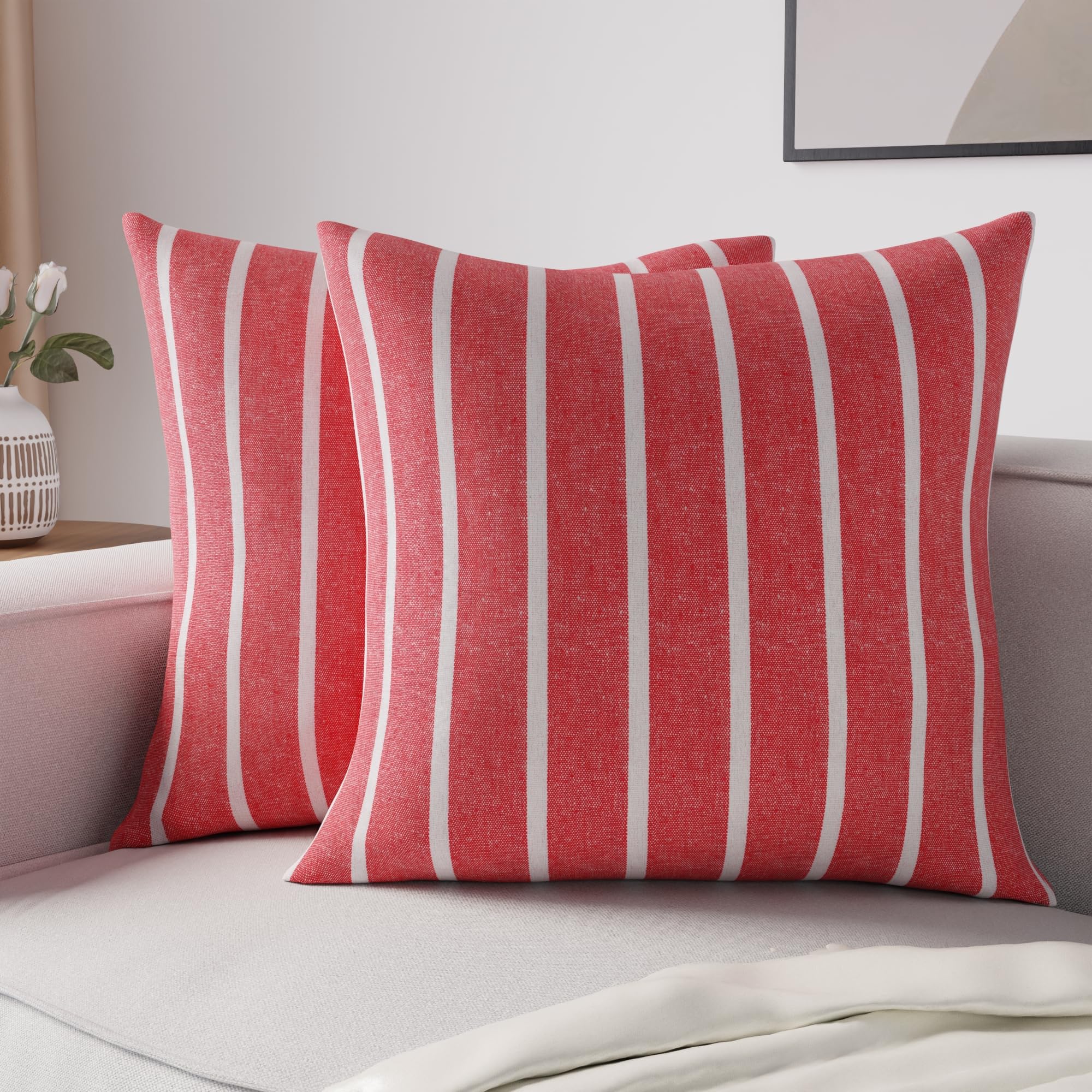 Encasa XO Cushion Covers 2 pcs set (40x40 cm) - Roma Red Stripes - Decorative Large Square Colourful Washable Eco - Cotton, Throw Pillow Cases for Living Room, Sofa, Bedroom, Home & Hotel