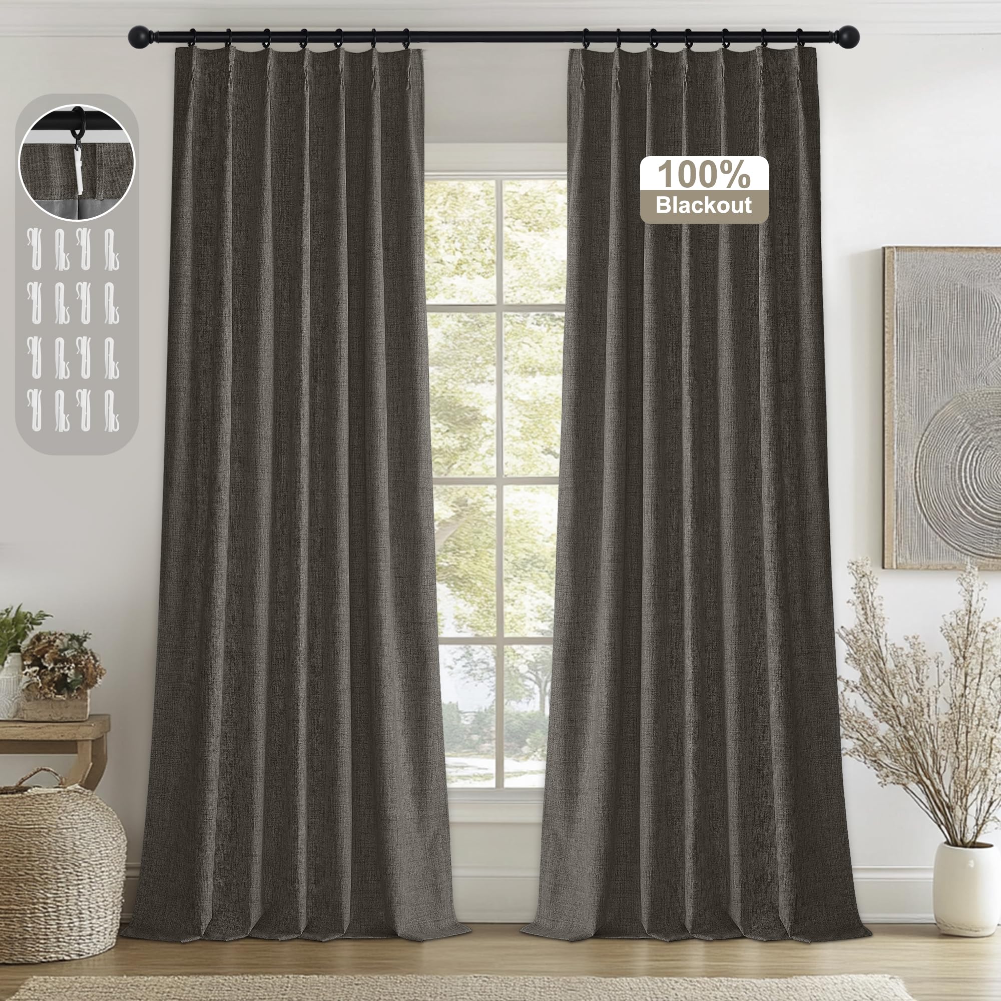 Photo 1 of StangH Pinch Pleated 100% Blackout Linen Curtains 96 inches Long, Thermal Insulated Curtains & Drapes Rustic Soundproof Window Treatments for Bedroom Office, Charcoal Grey, W40 x L96, 2 Panels