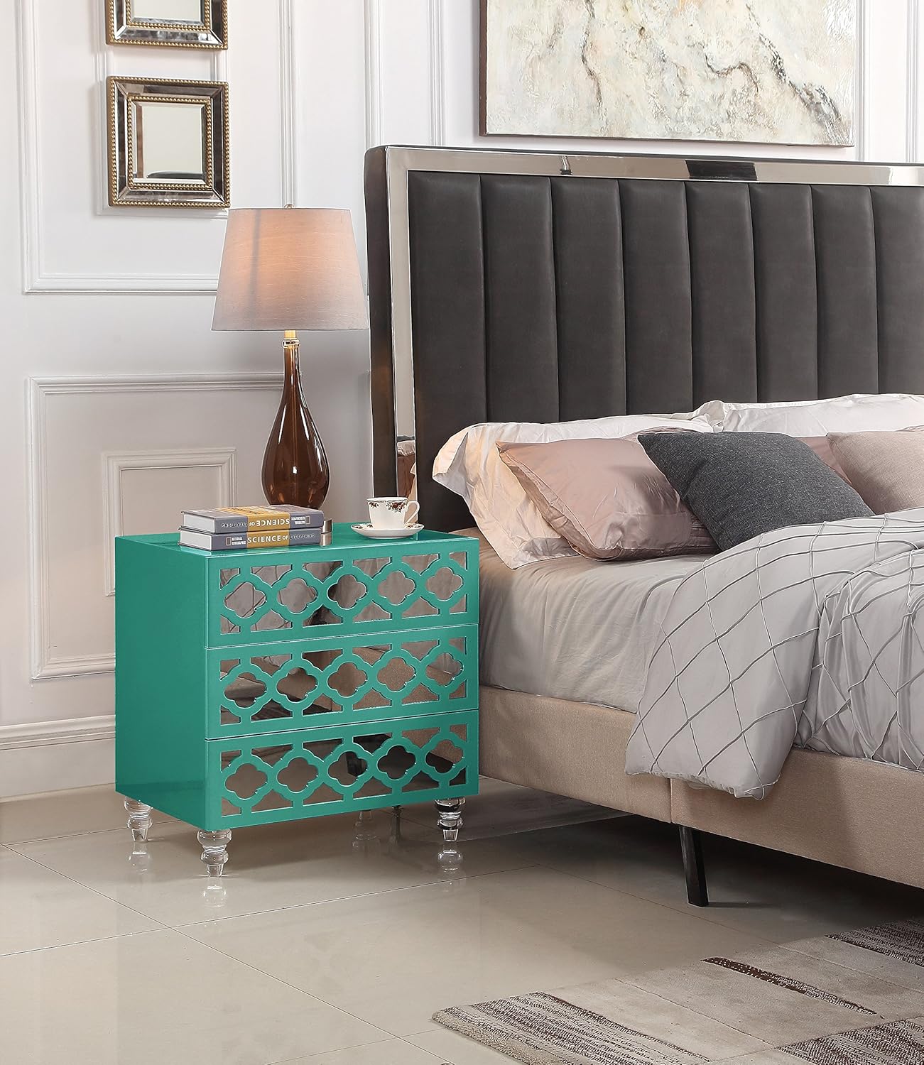 Amazon Com Iconic Home Bergamo Nightstand Side Table With 3 Self Closing Mirrored Drawers Lacquer Acrylic Legs Modern Contemporary Turquoise Home Kitchen