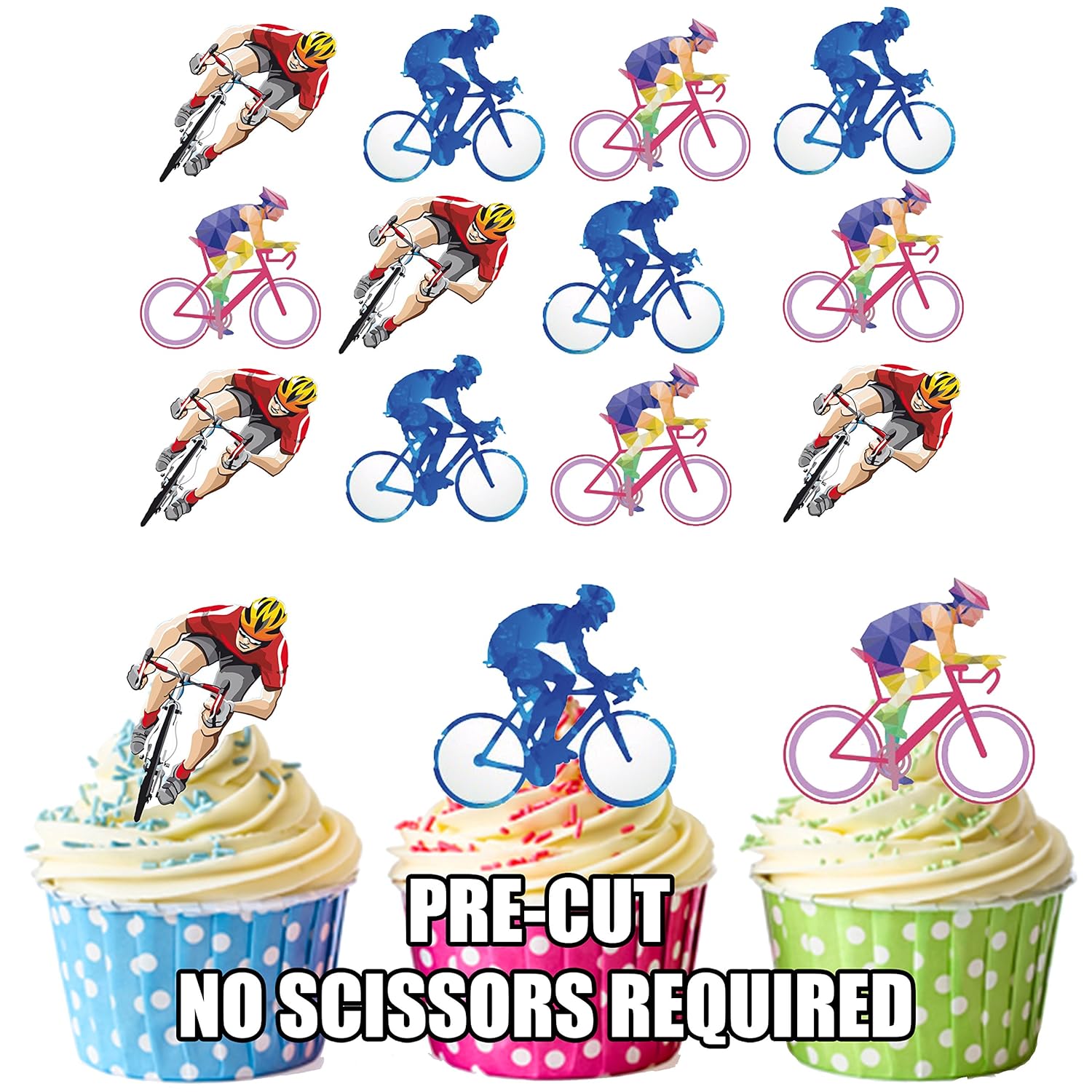 Cyclist Cake Decorations Edible Cup Cake Toppers Pack Of 12
