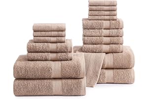 LANE LINEN Cotton Luxury Bath Towels for Bathroom - 18 PC Bathroom Towels Set- 4 Large Bath Towels, 6 Hand Towels for Bathroom, 8 Washcloths, Soft Turkish Towel Sets for Bathroom, Gym Towels - Taupe