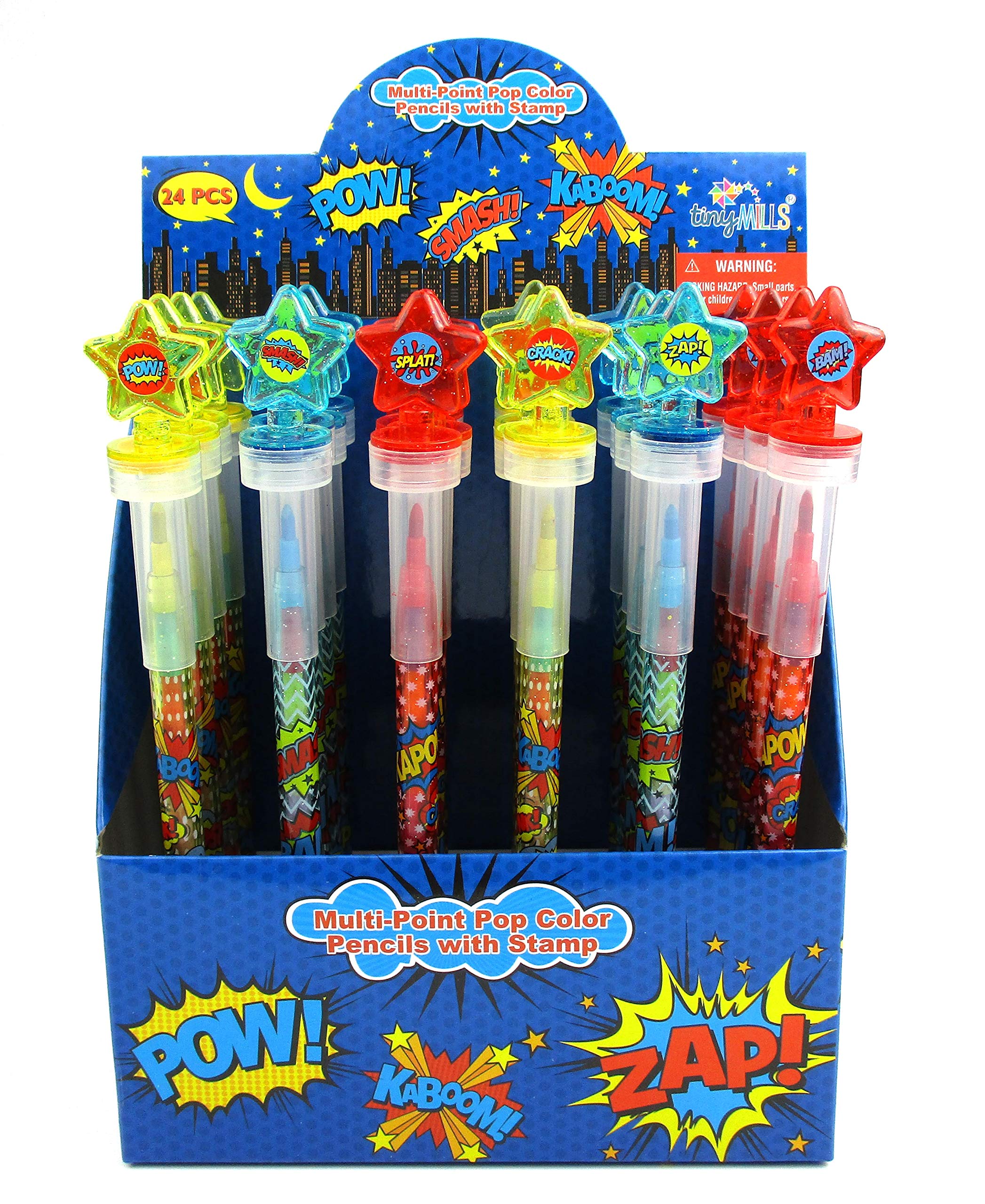 TINYMILLS 24 Pcs Superhero Rainbow Stackable Crayon with Stamper Topper