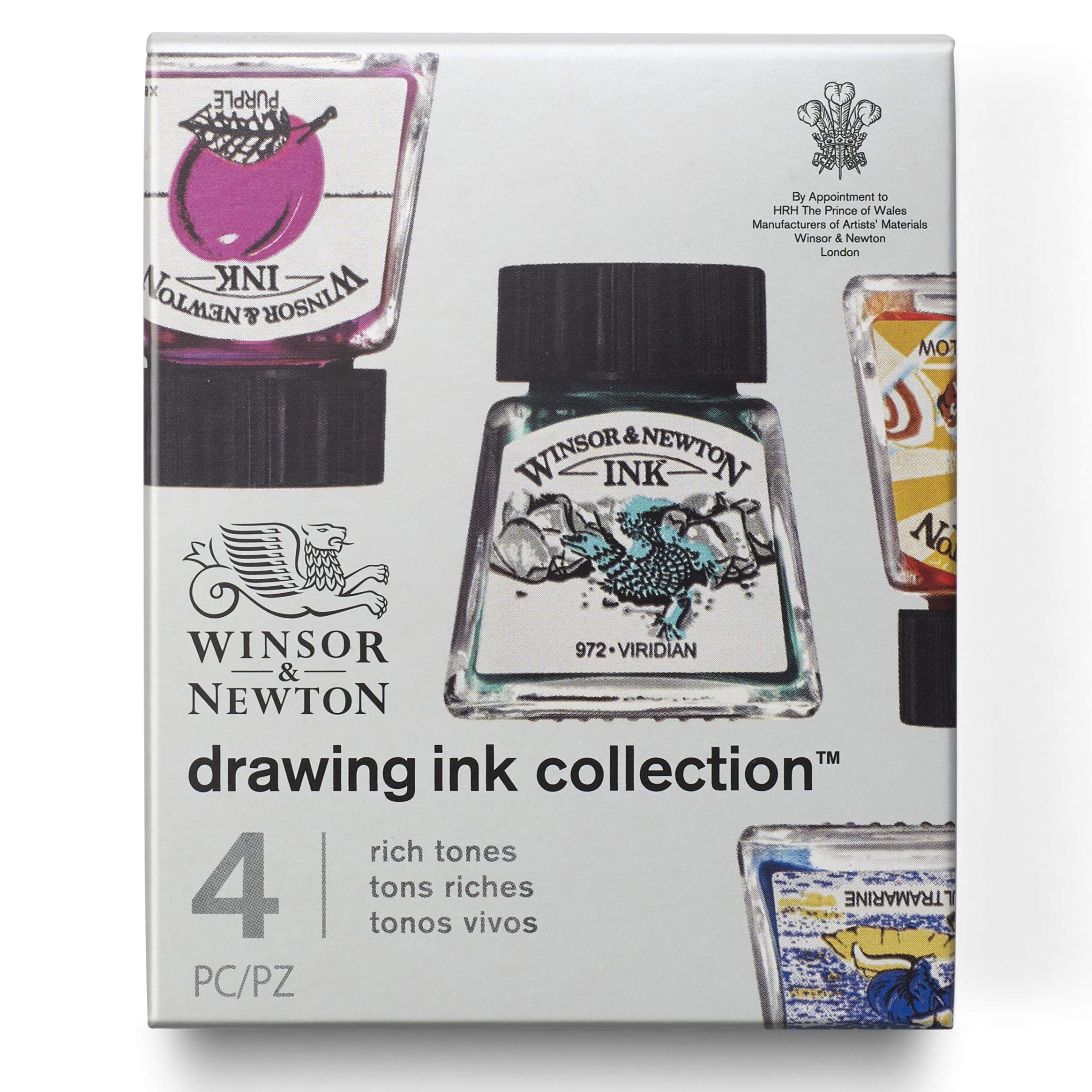 winsor & newton W&N Drawing Ink Collection-Set of 4 (Rich Tones), Purple, Ultramarine, Sun Yellow, Viridian, zeichentusche - set