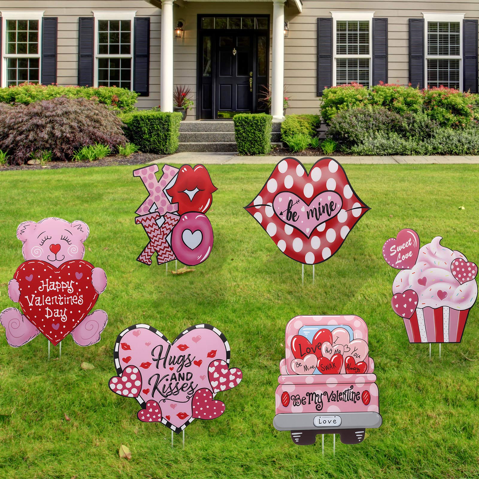 6 Pieces Valentines outdoor decorations Valentine's Day Yard Sign Large Valentine Decorative with 12 Pieces Lawn Stakes for Valentine's Day, 15.7 x 13 Inch