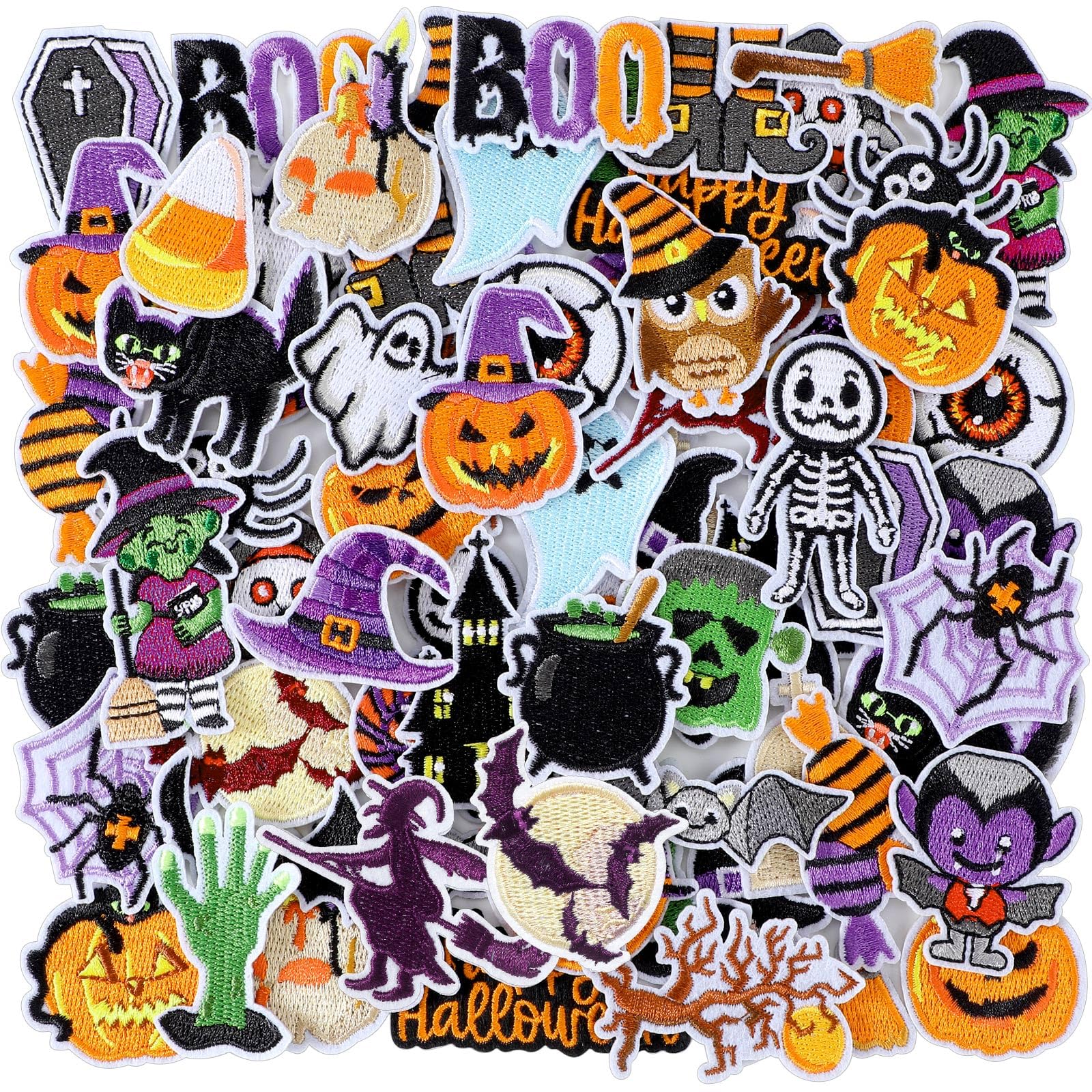 Photo 1 of Zeyune 72 Pcs Halloween Iron on Patches Ghost Pumpkin Bat Gnome Sew on Embroidered Applique Cute Black Cat Candy Corn Halloween Patches for Hat Clothing Backpack Jacket Jeans Pants Decor