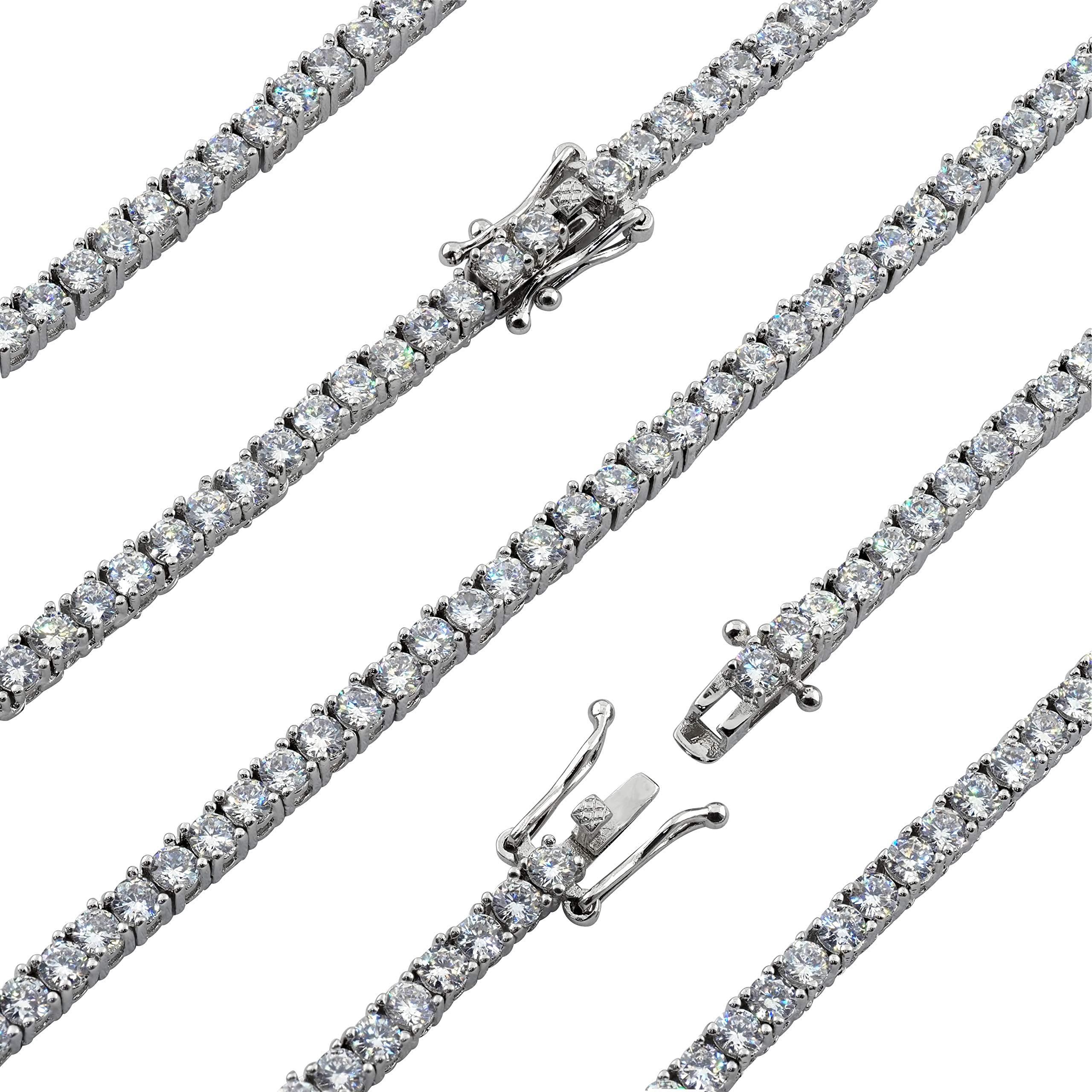 Premium CZ Tennis Chain Made From Jewelers Alloy With Secure Box Lock. Available in Widths 3MM, 4MM, 5MM and in Lengths 30", 28", 26", 24", 22", 20", 18", 16", 9", 8”