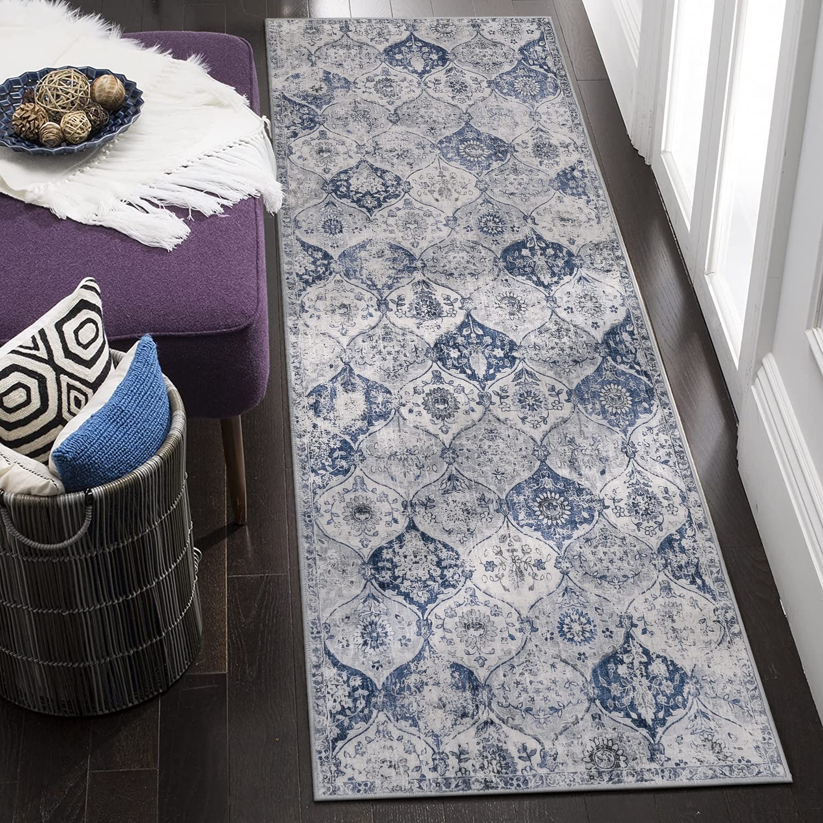 Photo 1 of Lahome Moroccan Trellis Washable Runner Rug, 2x6 Kitchen Runners for Hallways 6 Feet Non Slip, Vintage Laundry Room Rug Ultra-Thin Long Carpet for Bathroom Bedroom Entryway, White/Royal Blue