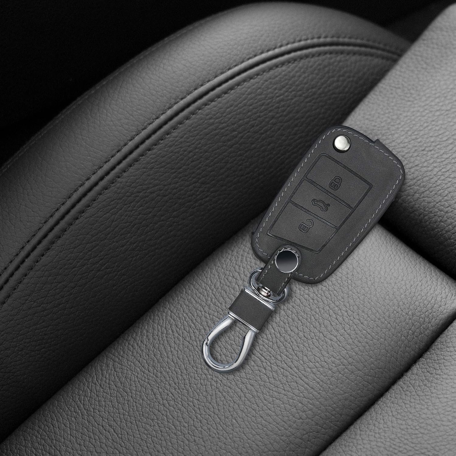kwmobile Car Key Cover Compatible with VW Golf 7 MK7 3 Button Car Key - Synthetic Nubuck Leather Fob Cover - Dark Grey - Image 3