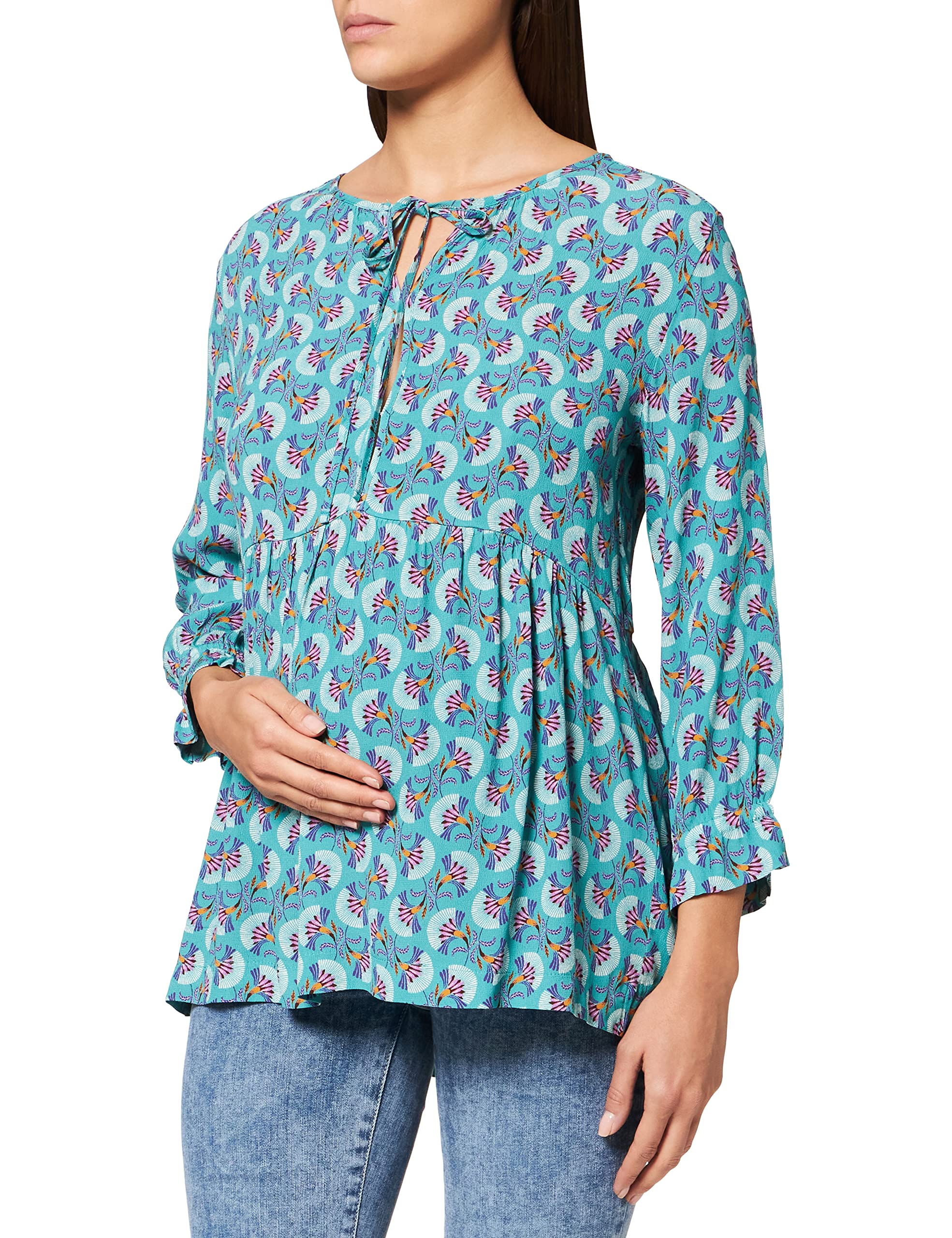 Queen Mum Women's Blouse Woven Nurs 3/4 AOP Cologne Maternity Blouse Not Applicable, Multicolour (Teal Blue P), 8 (Manufacturer Size: X-Small)