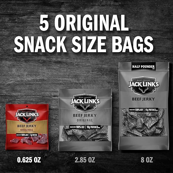 JACK LINK’S BEEF JERKY, ORIGINAL, MULTIPACK BAGS – FLAVORFUL MEAT SNACKS FOR LUNCHES, READY TO EAT PROTEIN SNACKS, INDIVIDUAL PACKS – 7G OF PROTEIN, MADE WITH 100% BEEF – 0.625 OZ (PACK OF 5)