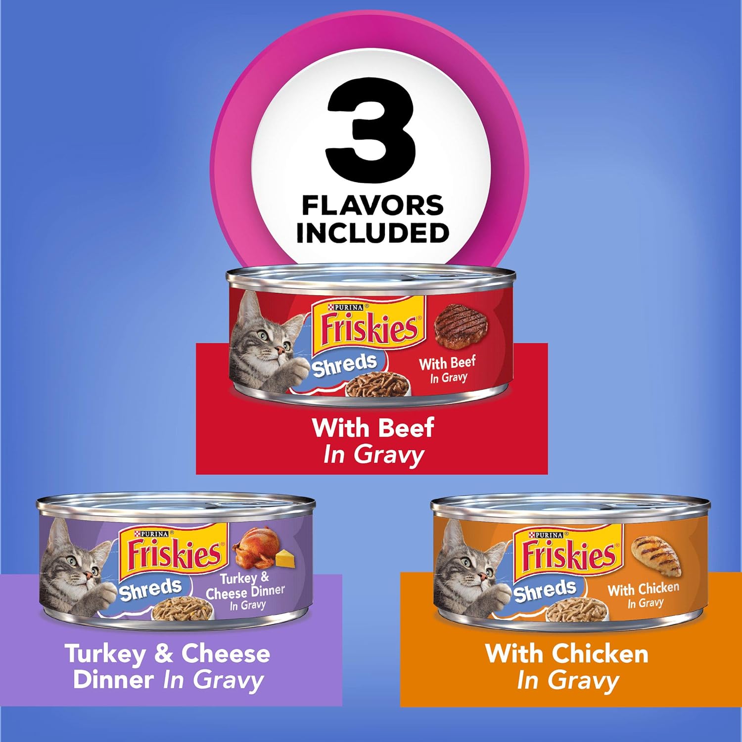 Purina Friskies Gravy Wet Cat Food Variety Pack, Shreds Beef, Chicken and Turkey & Cheese Dinner - (24) 5.5 oz. Cans : Canned Wet Pet Food : Pet Supplies